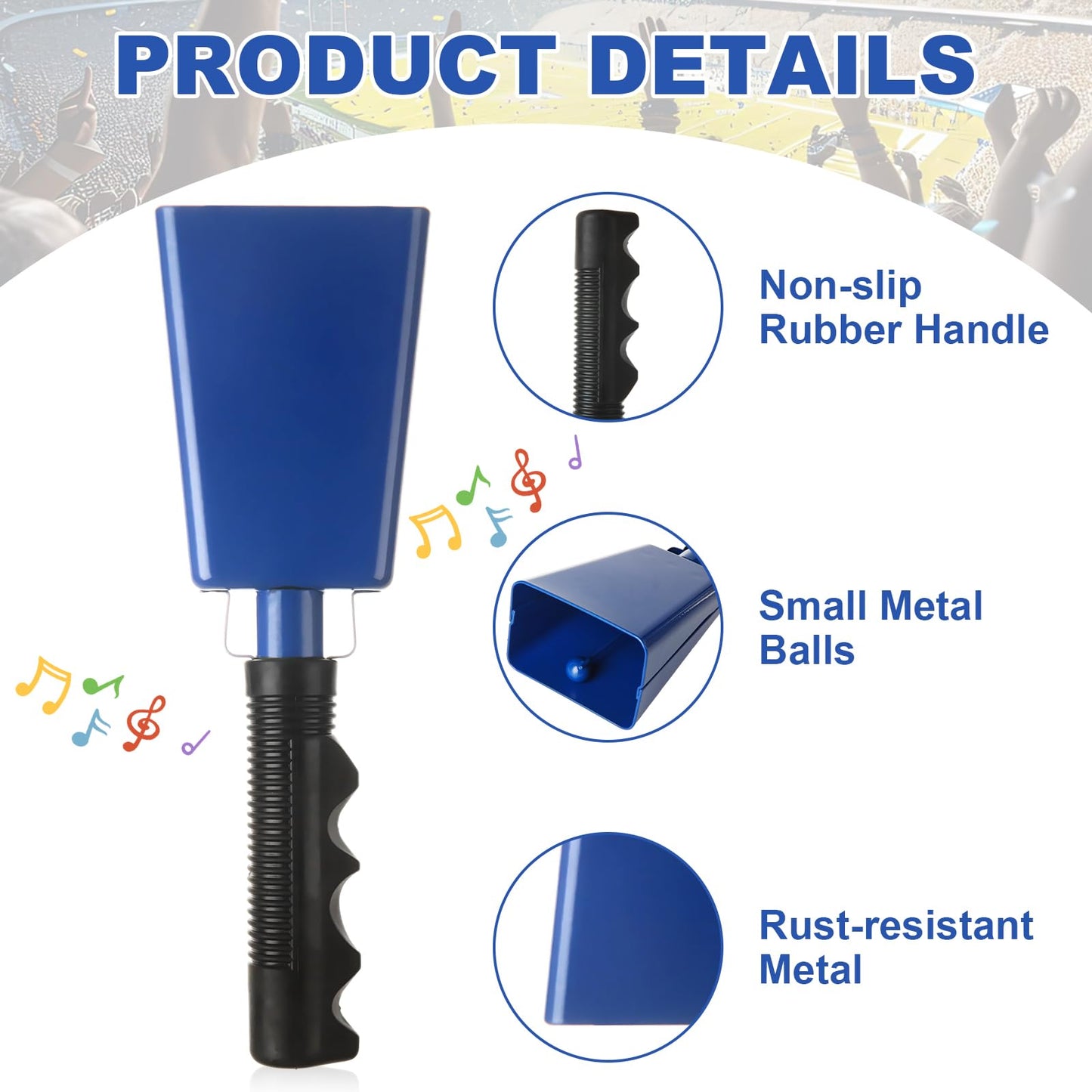 LOPYXBR 6 PCS Metal Cowbell with Handle 9 Inch Cow Bells for Sporting Events Blue Cow Bells Noise Makers for Sporting Events 9 Inch Cow Bell Musical Instrument for Football Games, Party, Farm