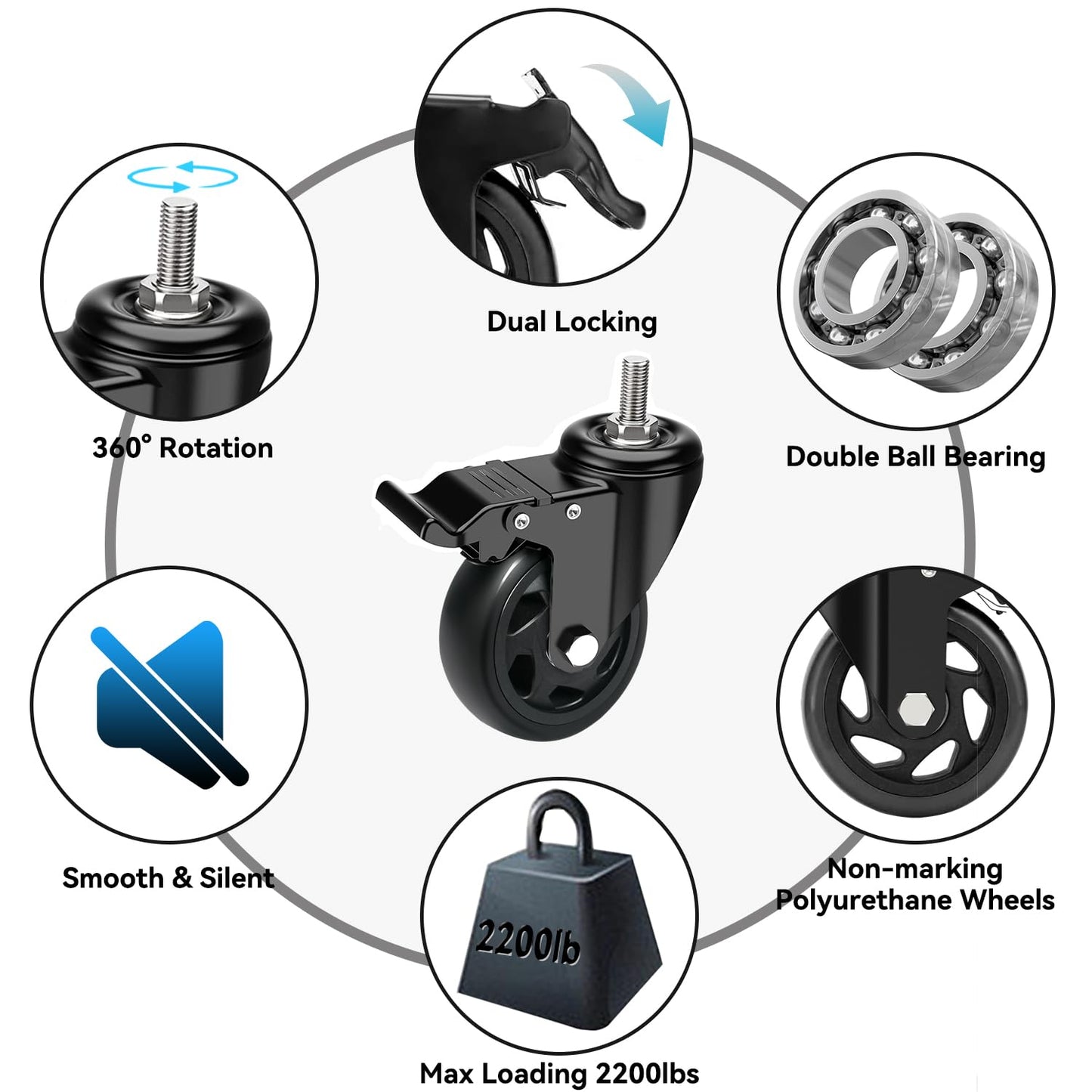 BZOLIHEU Caster Wheels 4 Inch, Swivel Threaded Stem Casters Set of 4 Heavy Duty 2000lbs, 3/8" -16 x 1 (Stem Diameter 3/8", Stem Length 1") Locking Casters Wheels Black