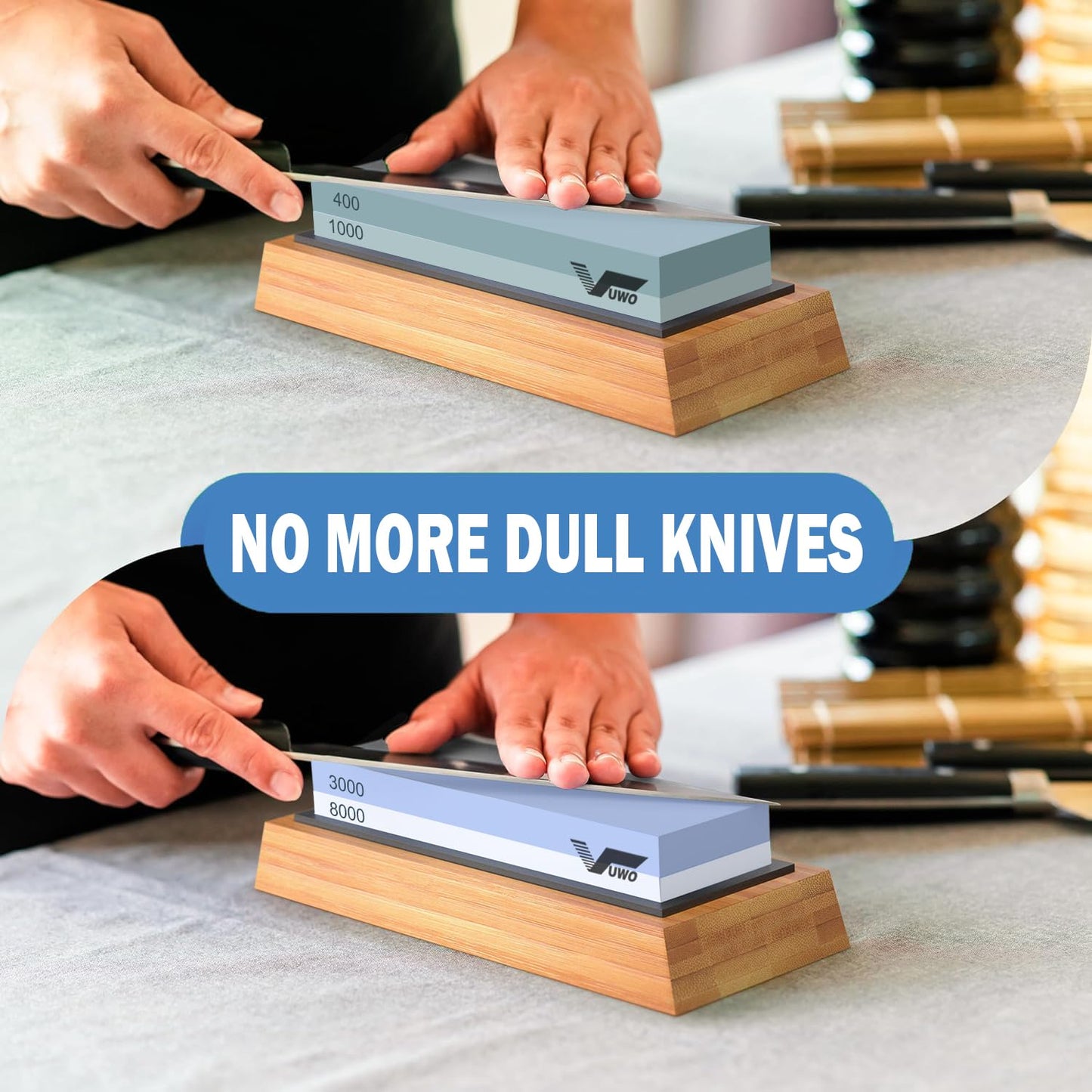 vuwo Knife Sharpening Stone Kit - Whetstone Grit 400/1000 3000/8000 Premium Knife Sharpener Wet Stone Set with Bamboo Base Angle Guide Flattening Stone Silicon Holder and Leather Strop