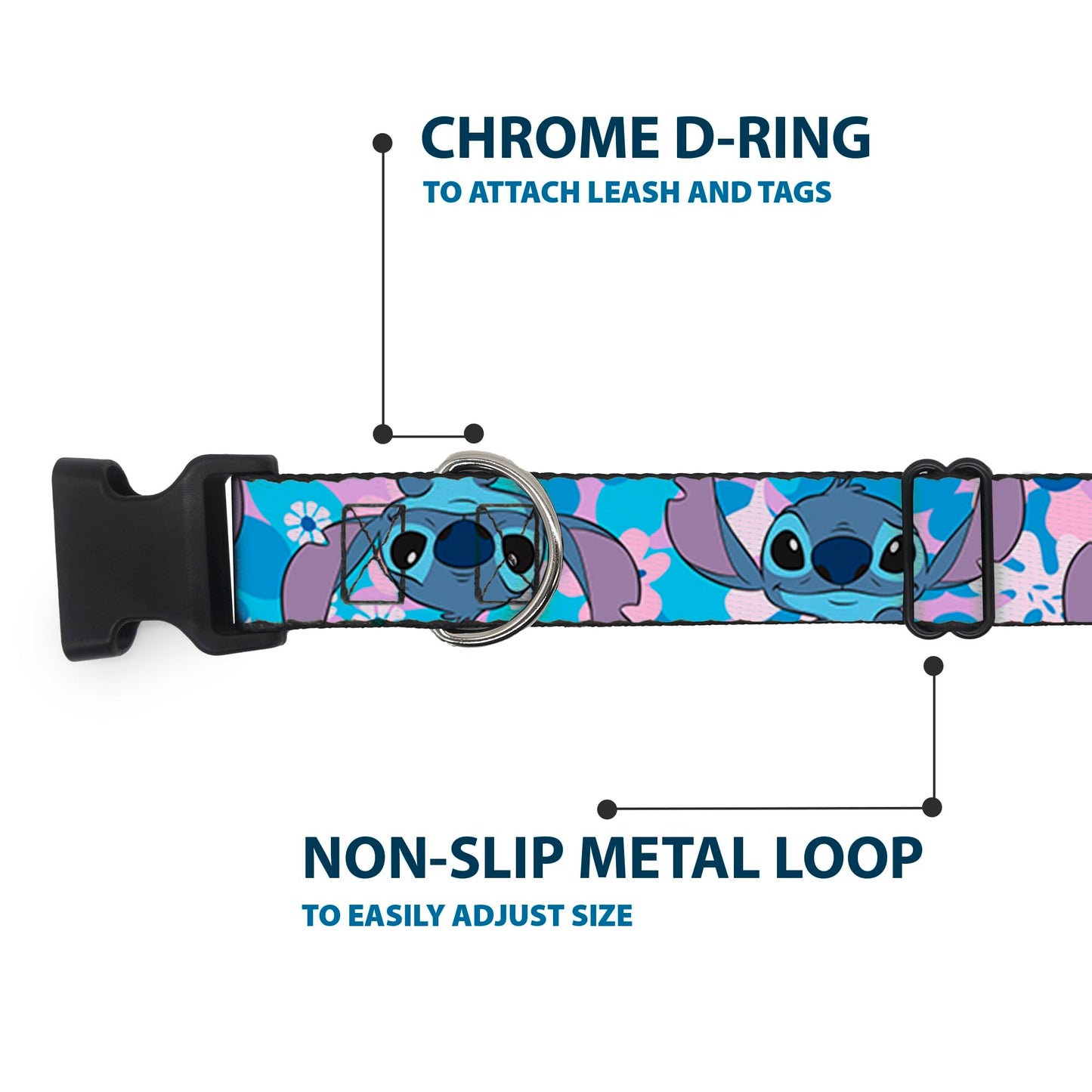 Disney Pet Collar, Dog Collar Plastic Buckle, Lilo and Stitch Stitch Flip Expressions Close Up Blues Pinks, 15 to 24 Inches 1.0 Inch Wide