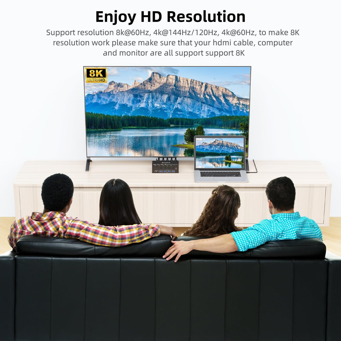 8K KVM Switch 2 Monitors 4 Computers HDMI 8K@60Hz 4K@144Hz, USB 3.0 Dual Monitor KVM Switch for 4 Computers Share 2 Monitors and 4 USB 3.0 Ports, Supports EDID, Wired Remote and Cables Included