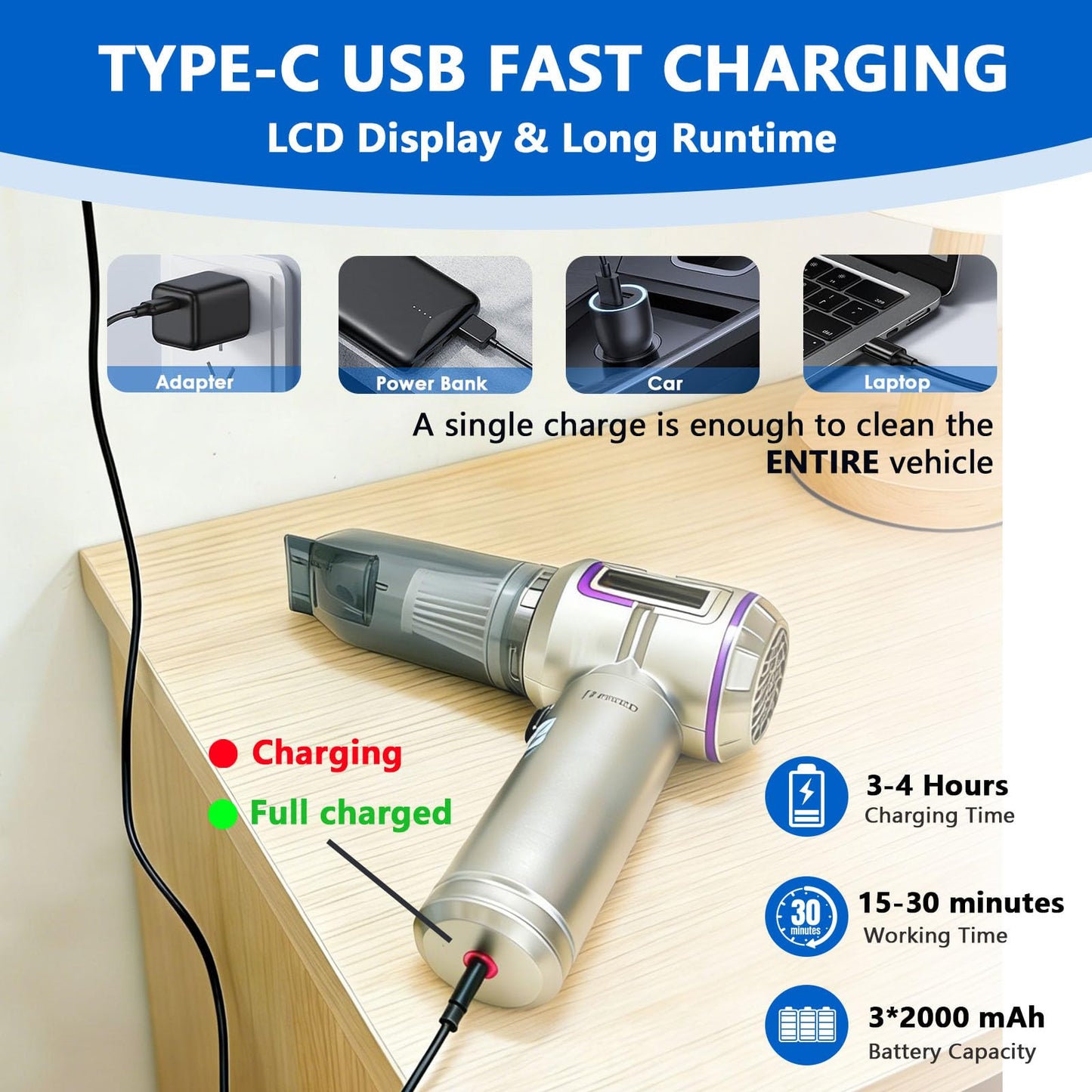 Frumeo 7-in-1 Powerful Car Vacuum Cleaner Cordless, 22000PA Mini Handheld Vacuum with LED Display, 3 Modes, Brushless Motor Portable Duster Blower Pump Hand Vacuum for Car, Home, Office