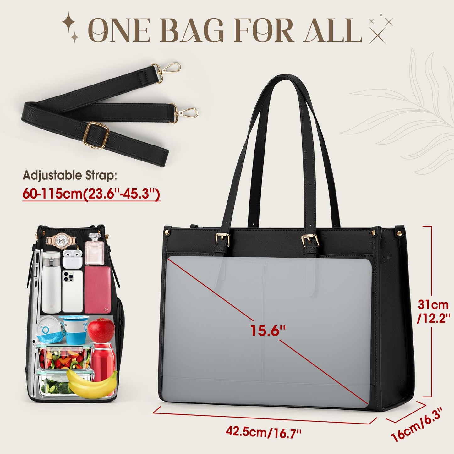 RAINSMORE Laptop Bags for Women Insulated Lunch Compartment Tote Bags for Women 15.6 Inch Work Bag Women Waterproof PU Leather Work Tote Bags for Women Business Daily Camping Laptop Tote Bag Black