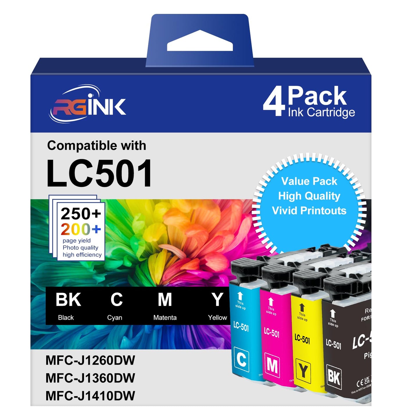 LC501 Ink Cartridges Compatible for Brother LC501 Ink Cartridges Replacement LC501XL LC501 XL Printer Ink Work with Brother Work Smart 1360 MFC-J1360DW MFC-J1410DW MFC-J1260W Printer (4 Pack)