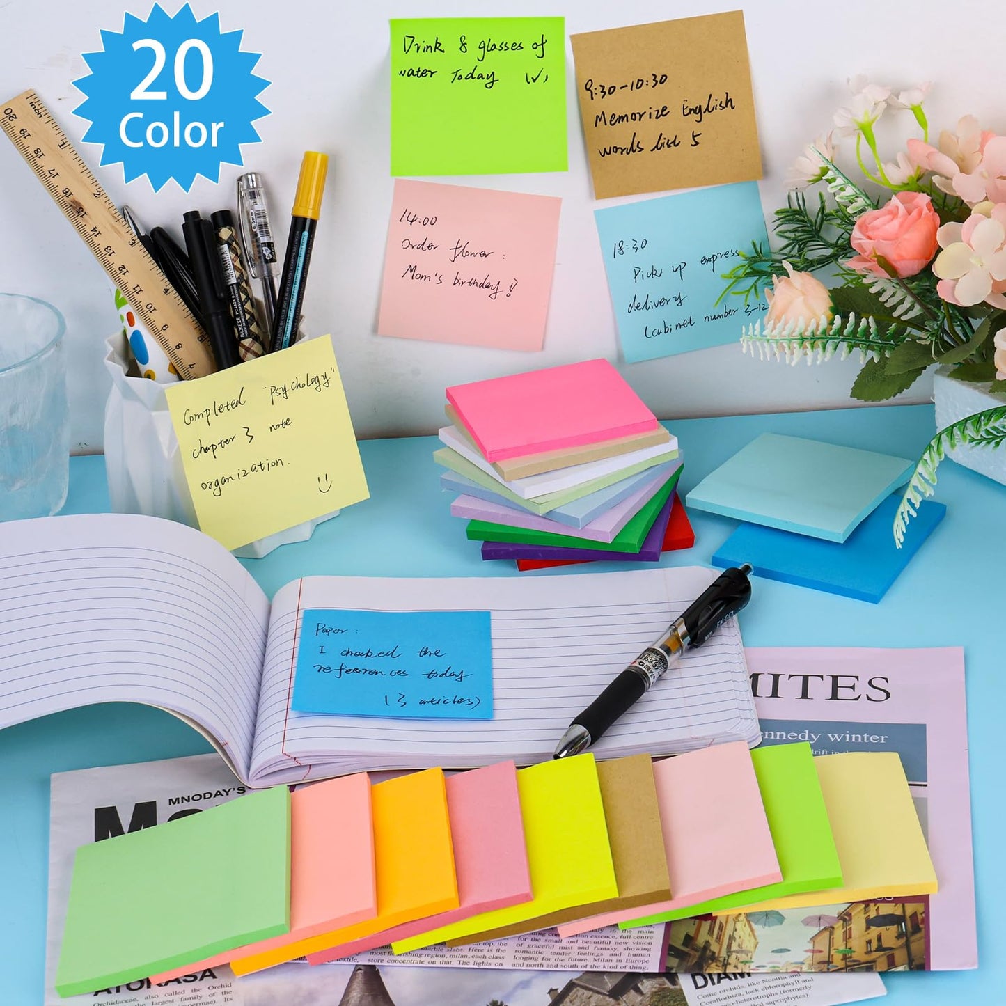 100 Pack Sticky Notes Bulk 3 x 3 in Self-Stick Note Pads Colorful Posted Note in 20 Colors Adhesive Paper Memo 50 Sheets/Pad Easy to Post for Office Home School Meetings Notebook Wall Door Window