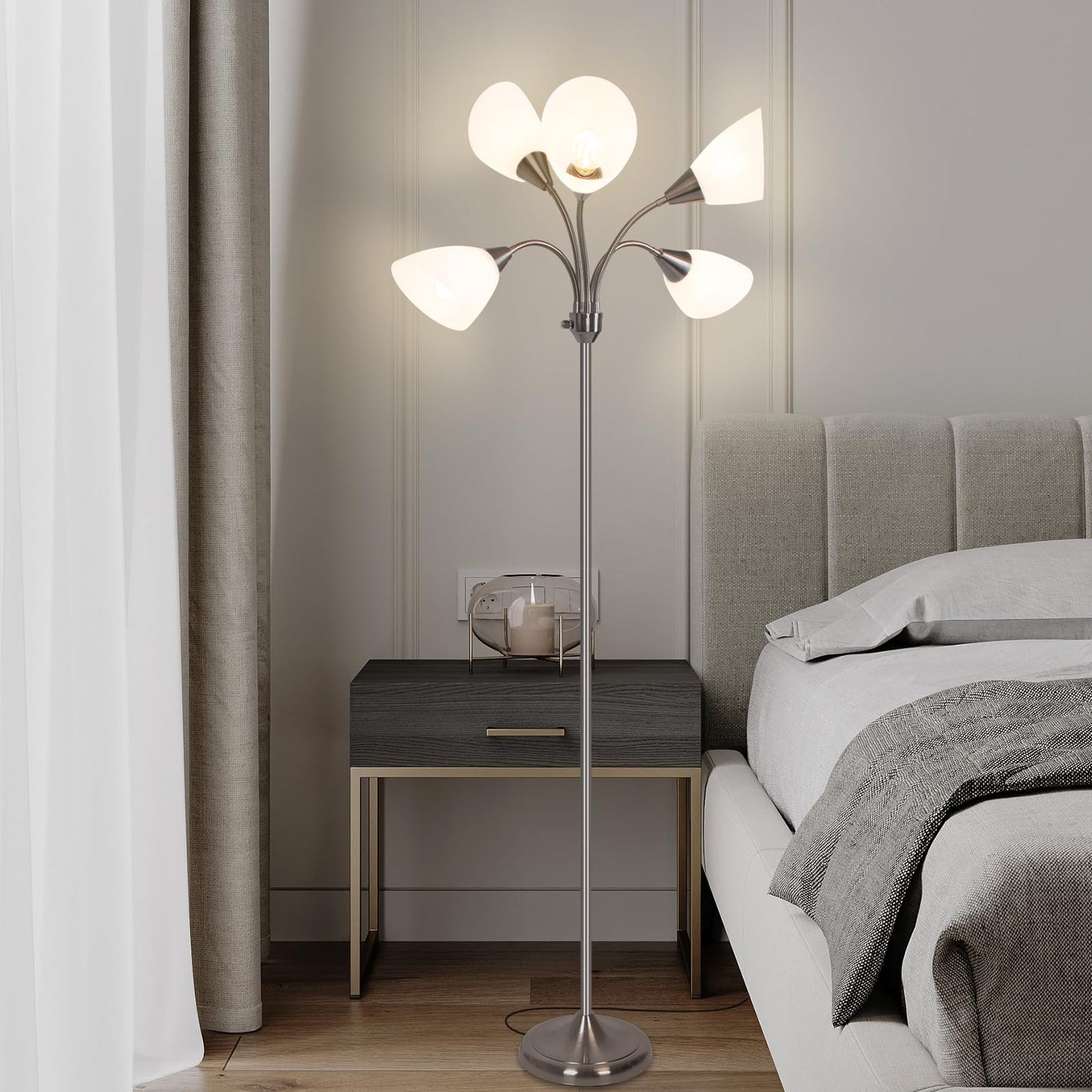 HonoDing Medusa Floor Lamps Standing Lamps 5 Heads Adjustable Reading Light Large Shade Use E26 A19 Bulb Floor Lamps for Living Room Bedroom (Satin Nickel)