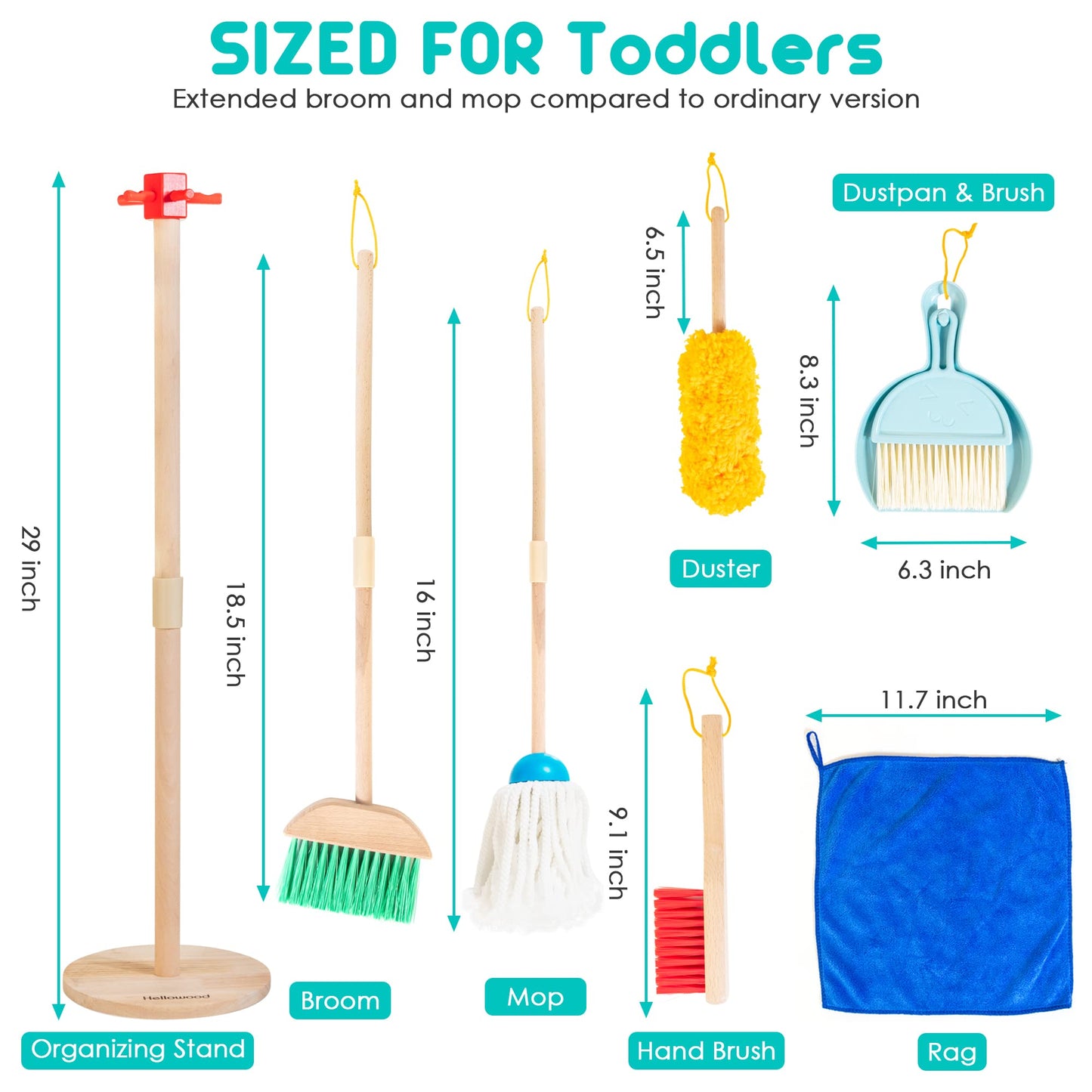 HELLOWOOD Kids Cleaning Set, 8 Pcs Wooden Housekeeping Play Set Includes Broom Mop Duster Dustpan Brushes Rag and Organizing Stand, Cleaning Toys Gift for Toddlers Girls Boys Age 3-6, Solid Beech Wood