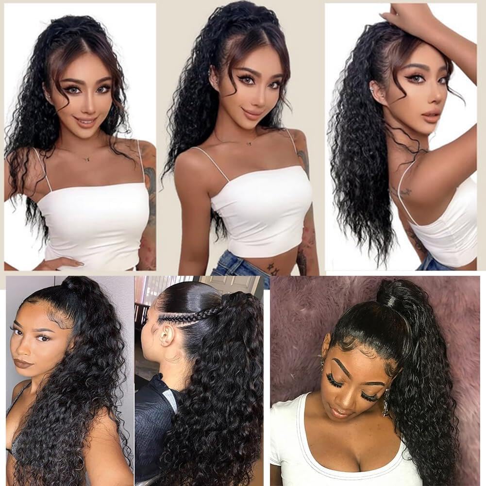 Datanala Water Wave Ponytail Extensions Human Hair Drawstring Ponytail Extension Brazilian Remy Water Wave Human Hair Ponytail Clip in Hair Extensions Nature Black Color for Black Women (18Inch)