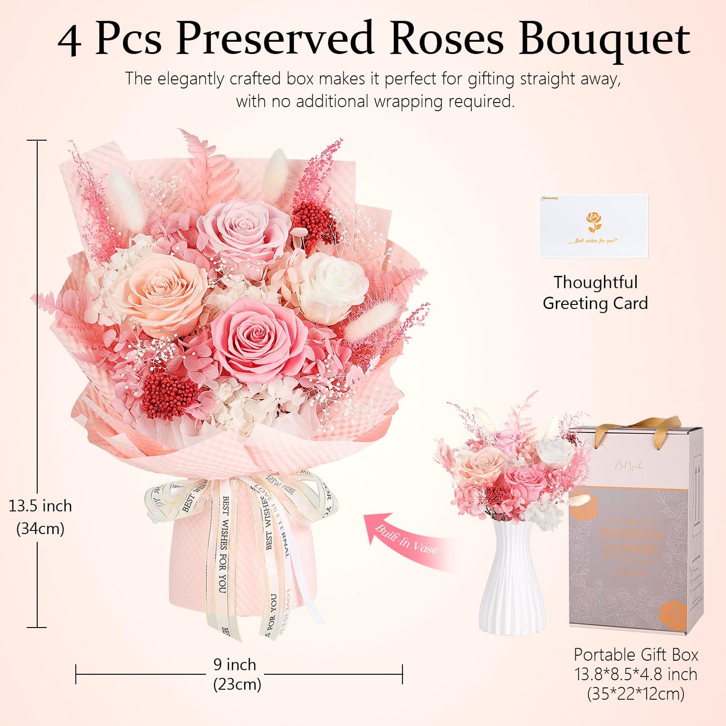 Preserved Flowers Bouquet 4 Roses - Pink Roses & Flowers for Delivery, Long-Lasting Real Roses Forever, Eternal Roses Bouquet, Anniversary Birthday Graduation Gifts for Women Mom Grandma Girlfriend