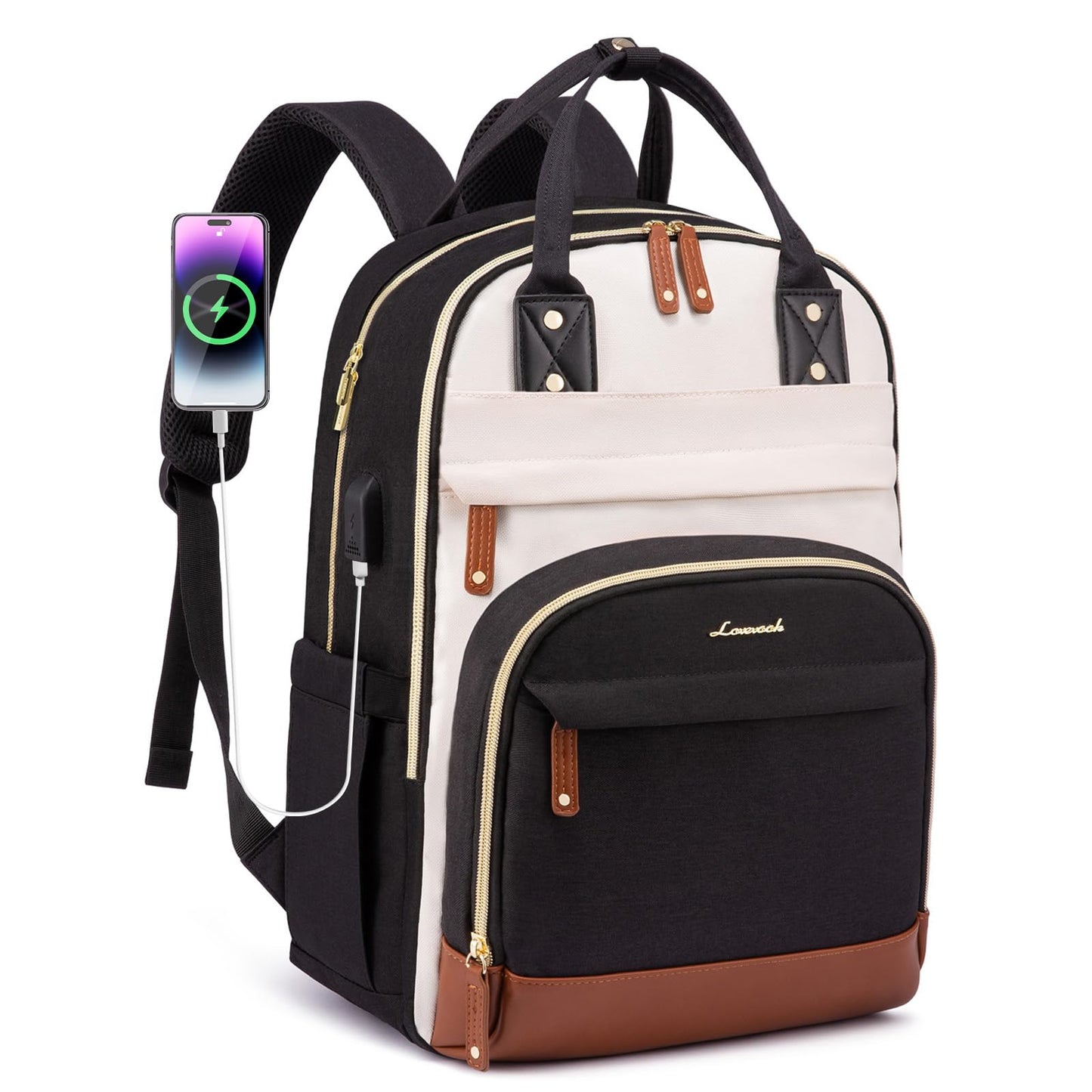 LOVEVOOK Laptop Backpack for Women, Travel Backpacks Work Bags, Backpack Purse, Business Computer Bags with USB, Waterproof, Fits 17 Inch Laptop Bag, Beige-Black-Brown