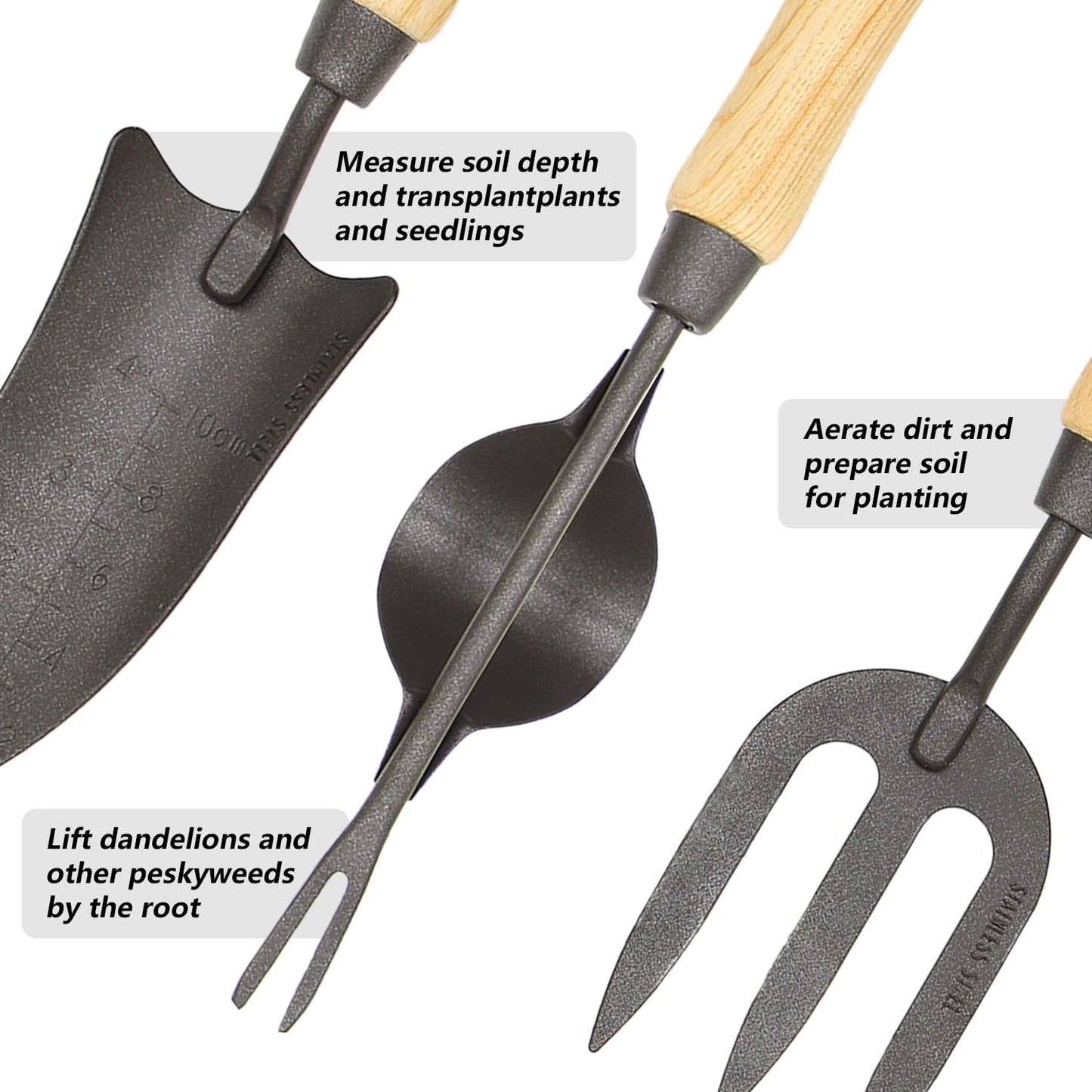 Japanese Gardening Tools Set, 6 Pcs Garden Tools Set, Black Painted Stainless Steel Heavy Duty Gardening Tools Kit, Hand Trowel, Dibble, Hand Rake, Weeder, Transplanter and Hand Folk