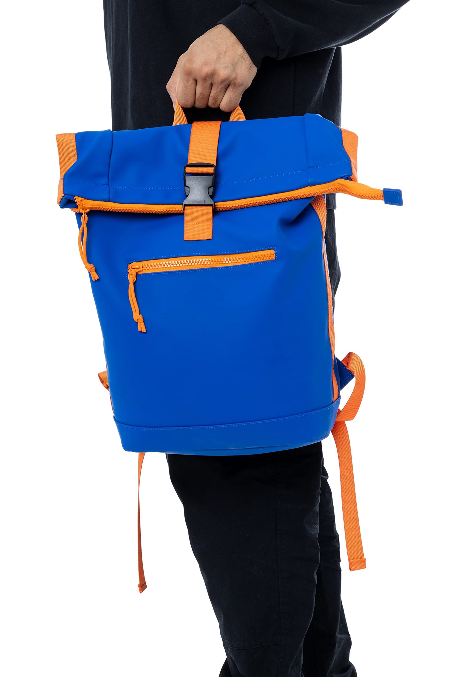 X RAY Roll Top Laptop Backpack for Men Women, PU Leather Expandable Casual Daypack Capacity Adjustable 22L Fits 15.6" Laptop, Royal Blue/Tangerine, One Size