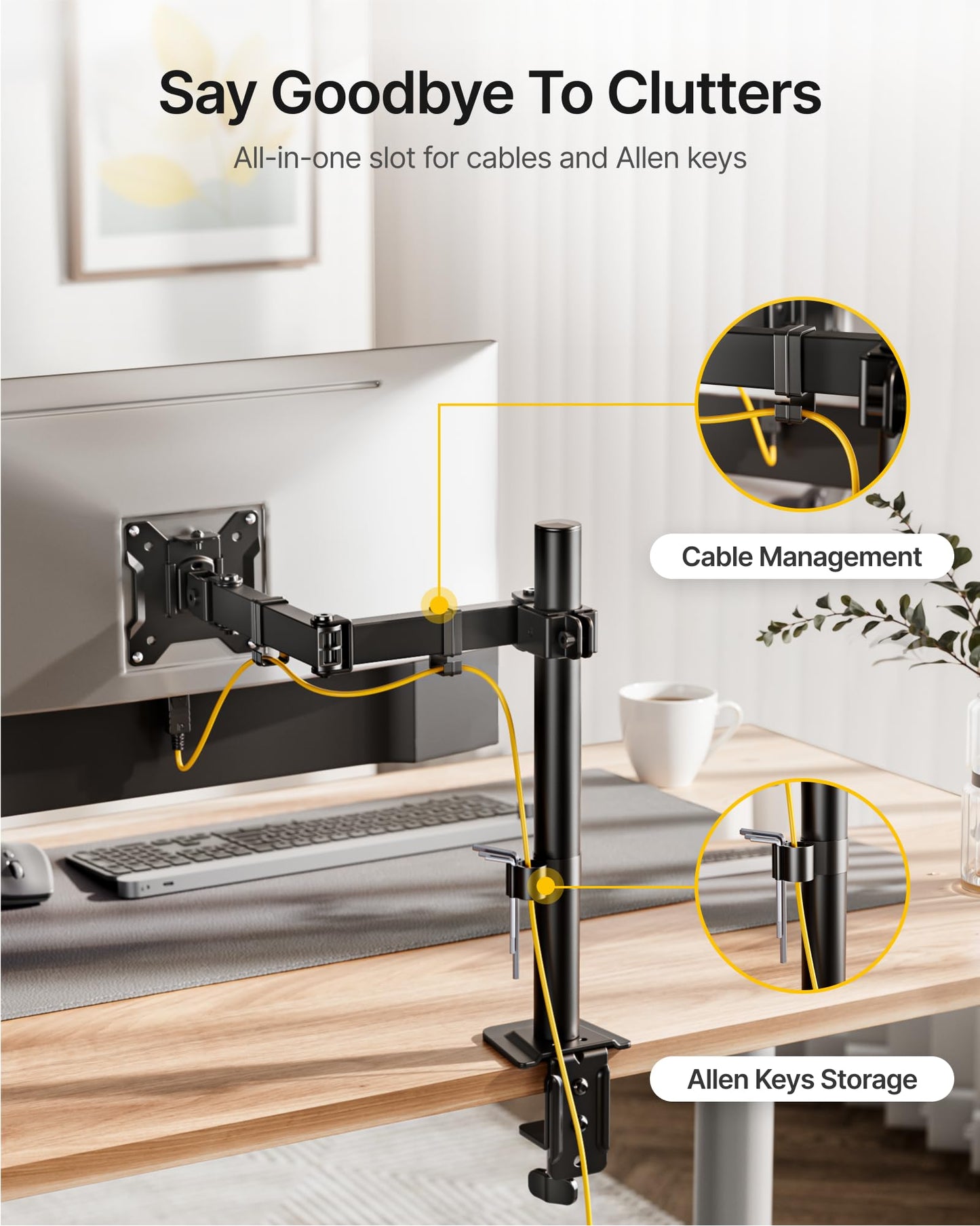 monTEK Single Long Monitor Mount for 17-32 inches Screen, Fully Adjustable Articulating Desk Monitor Stand up to 22lbs Capacity, Computer Mount with C Clamp and Grommet Base, Max VESA 100x100mm