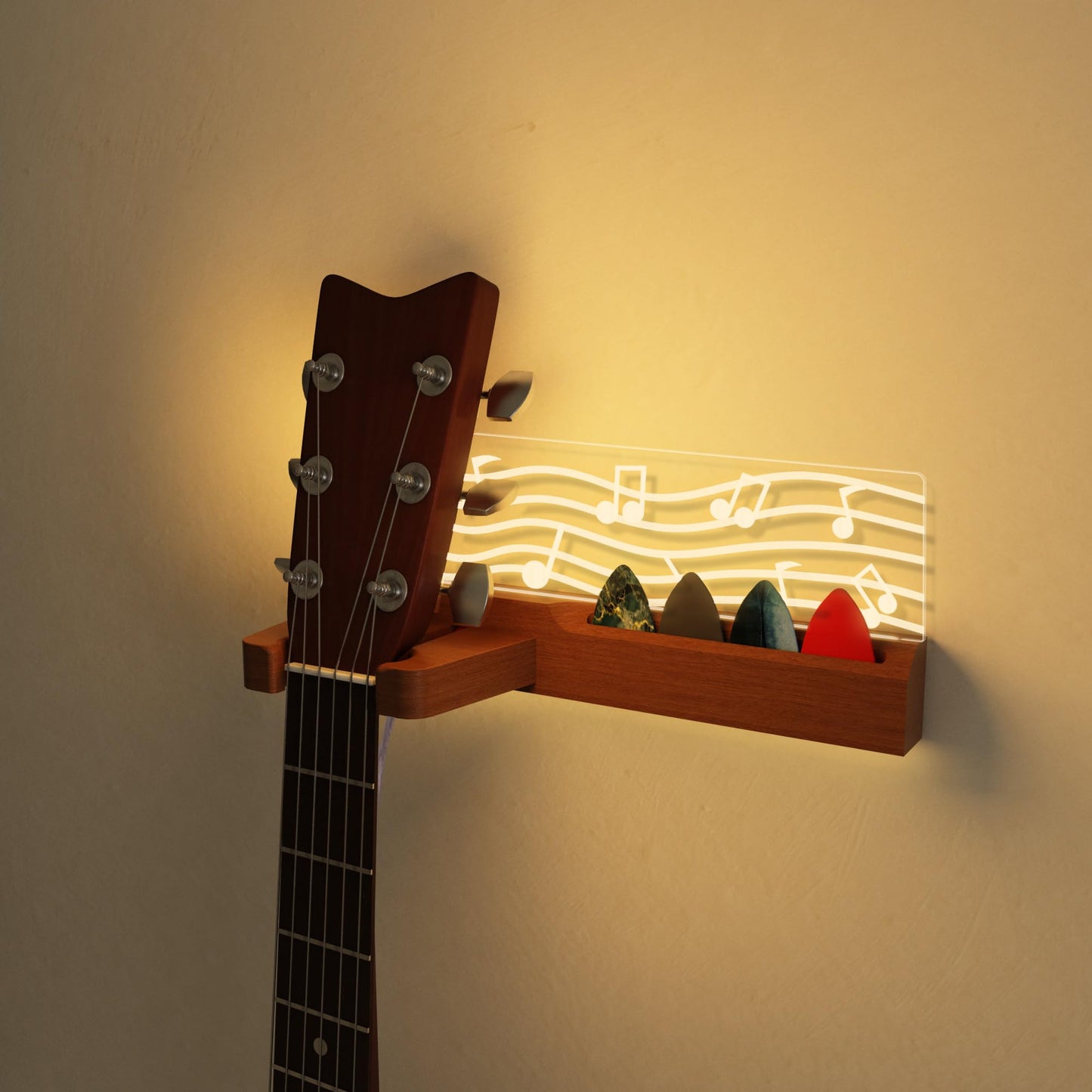 CoolGift Mart Light up Guitar Wall Mount, Musical Notes Design, Pick Holder with LED Illumination - USB Powered, Premium Wood and Acrylic, for Acoustic Electric Bass Ukulele Violin, Gift for Music Lovers Guitar Players