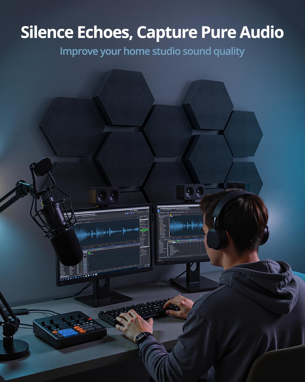 Acoustic Foam Panels, 3D Hexagon Dual Thickness 1.57" & 2.75" Acoustique Sound Absorbing Tiles for Studio, Room, 12 Pack, 12" x 10" Black Decorative Art Panels for Ceiling, Door, Walls