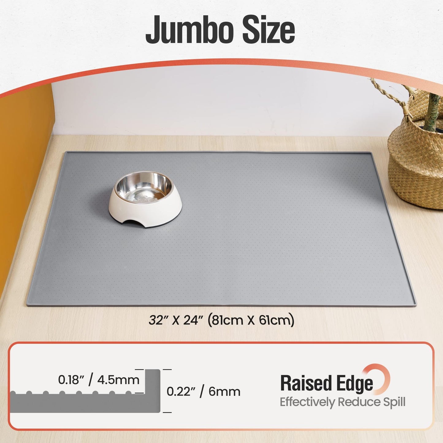 Conlun Silicone Dog Food Mat, 81x61cm Rubber Dogs and Cats Bowl Mat, Anti-Slip, Waterproof, Raised Edge Avoid Water Spilling Out, Easy Clean in Dishwasher,Gray