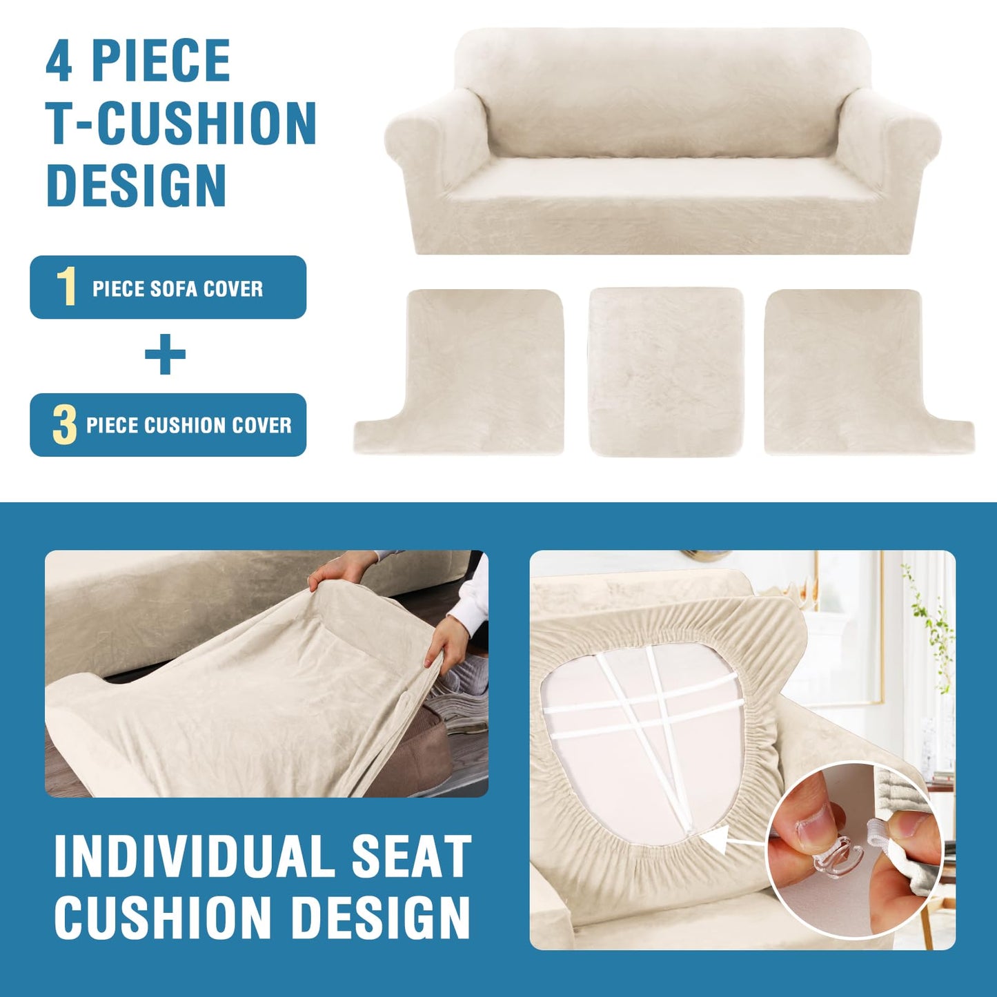 H.VERSAILTEX Sofa Cover 4 Piece T Cushion Sofa Slipcovers Thick Velvet Couch Cover Furniture Protector Stretch T Cushion Sofa Covers for 3 Cushion Couch with 3 Individual T Cushion Covers, Ivory
