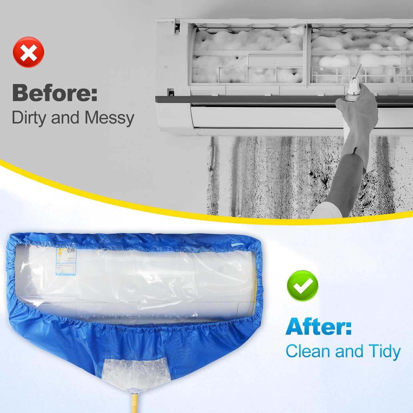 Split Air Conditioning Cleaning Waterproof Cover Bag with Drain Outlet and Two Sides Support Plates Dust Washing Clean Protector Bag Wall Mounted AC Large Size Service Bag with Water Pipe