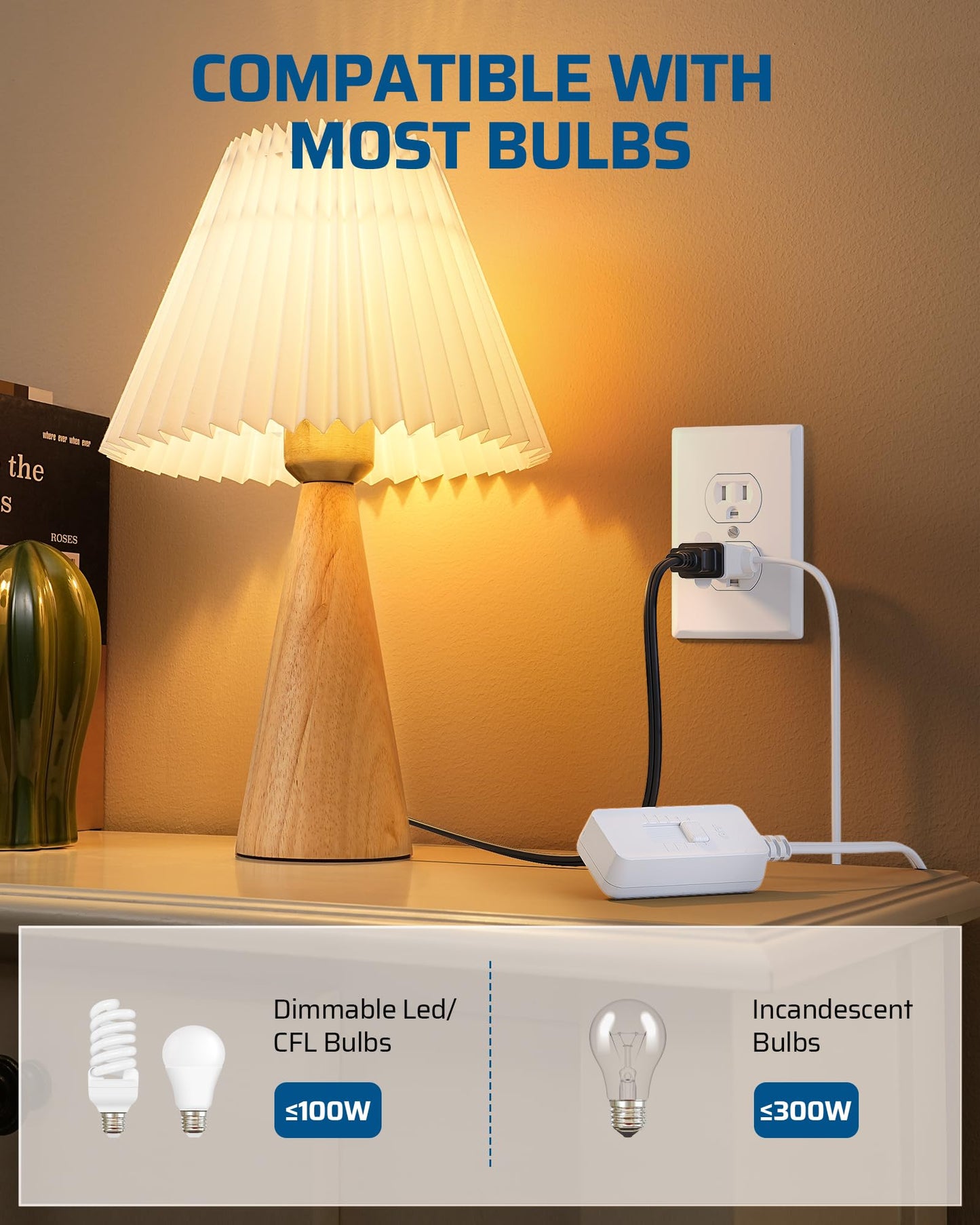 DEWENWILS Plug in Dimmer Switch for Lamp, Table Lamp Dimmer for Dimmable LED/CFL Lights and Incandescent Bulbs, Full Range Slide Control, Extension Cord Dimmer, White, 2 Pack