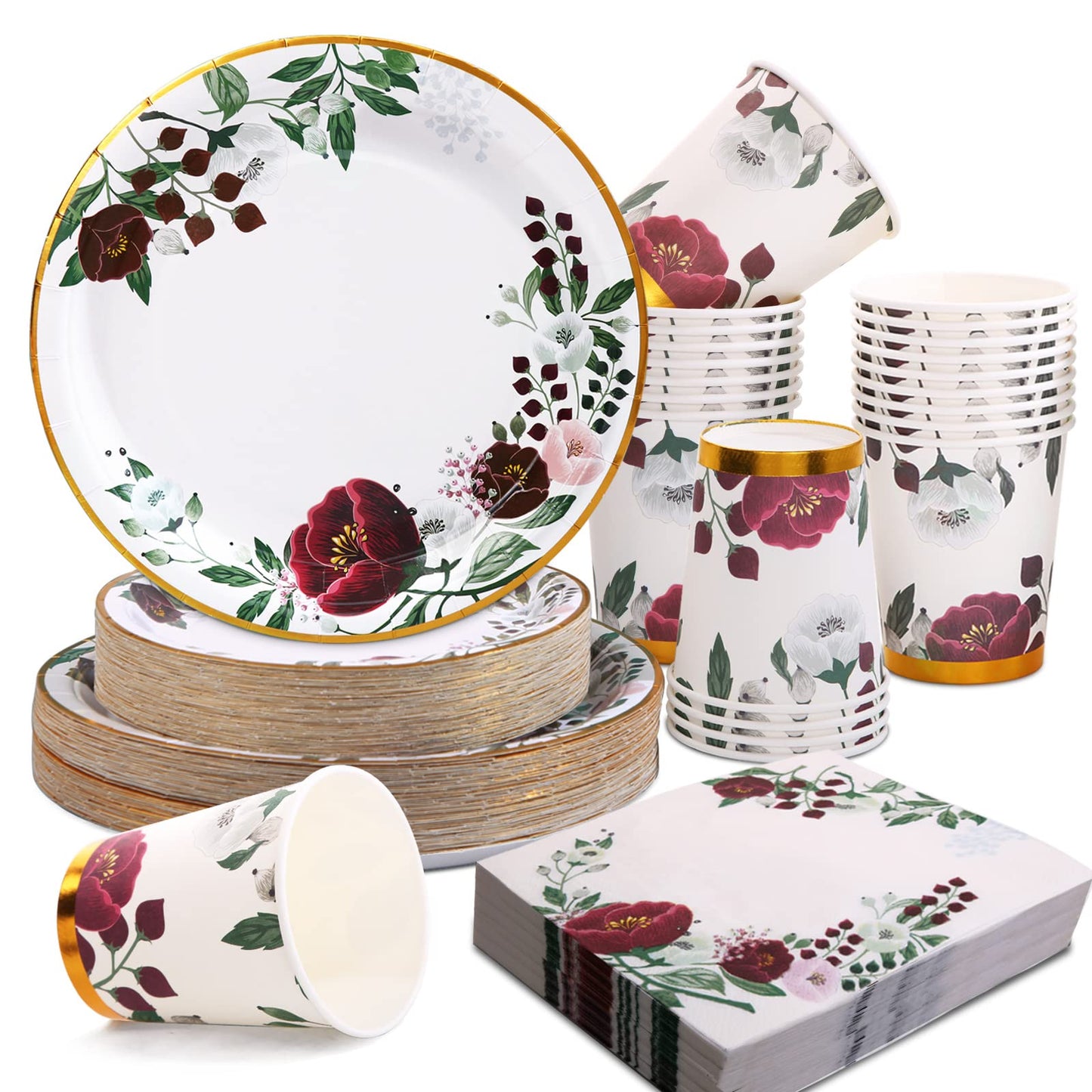 Gudvilla 200Pcs Floral Paper Plates and Napkins Party Supplies - Bridal Shower Decorations Serves 50, Burgundy for Wedding, Birthday, Valentine's Day, Easter, Spring Party