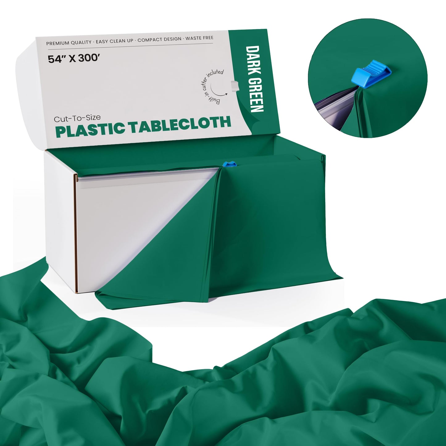 54 Inch X 300 Feet Dark Green Plastic Table Cover Roll in A Cut - to - Size Box with Convenient Slide Cutter. Cuts Up to 12 Rectangle 8 Feet Plastic Disposable Tablecloths - Exquisite