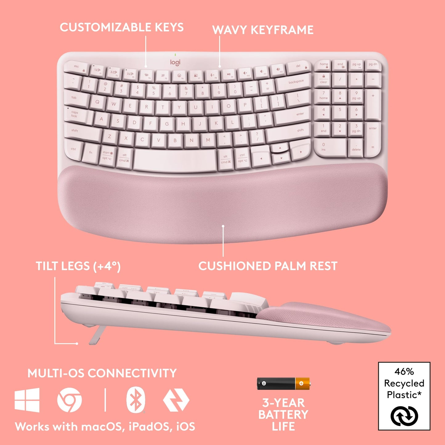 Logitech Wave Keys Wireless Ergonomic Keyboard with Cushioned Palm Rest, Comfortable Natural Typing, Easy-Switch, Bluetooth, Logi Bolt Receiver, for Multi-OS, Windows/Mac - Rose