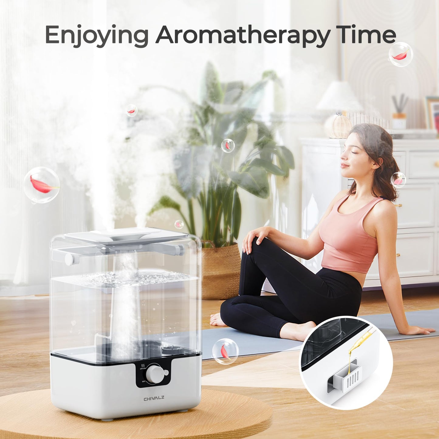 CHIVALZ Humidifiers for Bedroom, 6L Cool Mist Humidifiers for Baby Nursery, 26dB Quiet, 50H Runtime, Top Fill Humidifier for Large Room, Home, Plants, Nightlight, Oil Diffuser 1 Pack, White