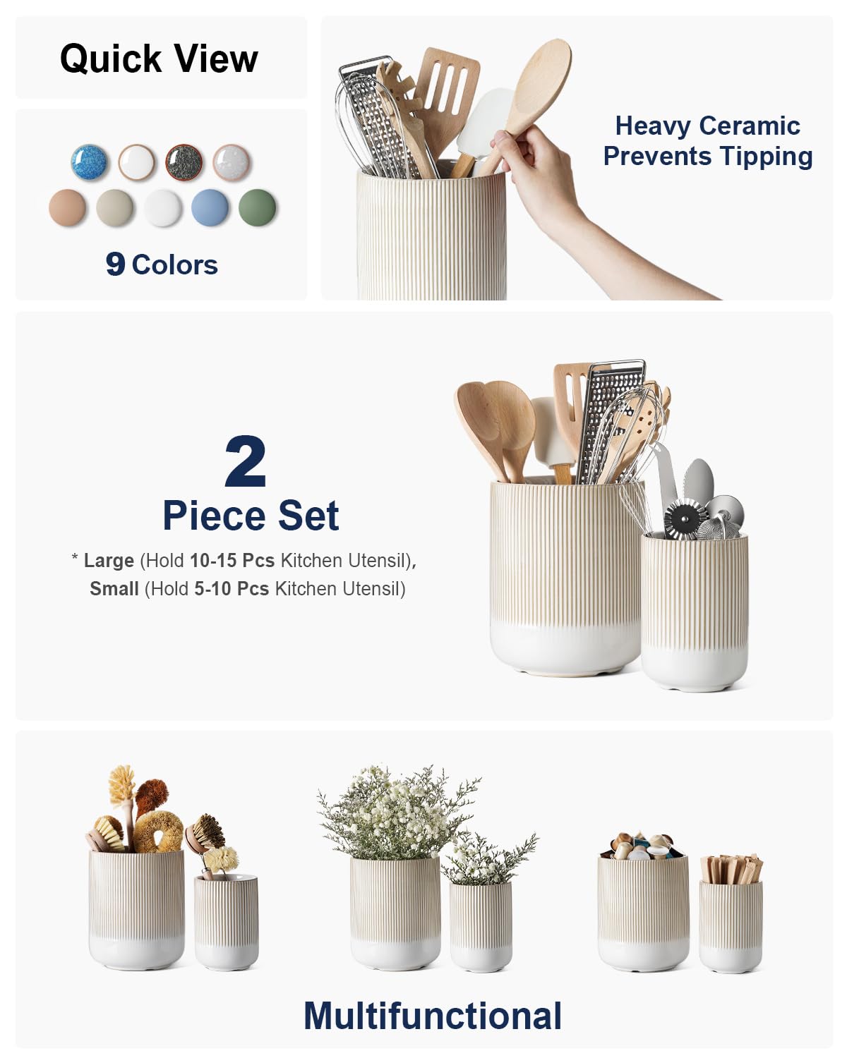 LE TAUCI Utensil Holder, Set of 2, 7.3"+5.4" Ceramic Kitchen Utensil Holder for Counter, Large Cooking Utensil Crocks for Kitchen Decor, Morden Utensil Organizer for Spatula, Reactive Glaze White