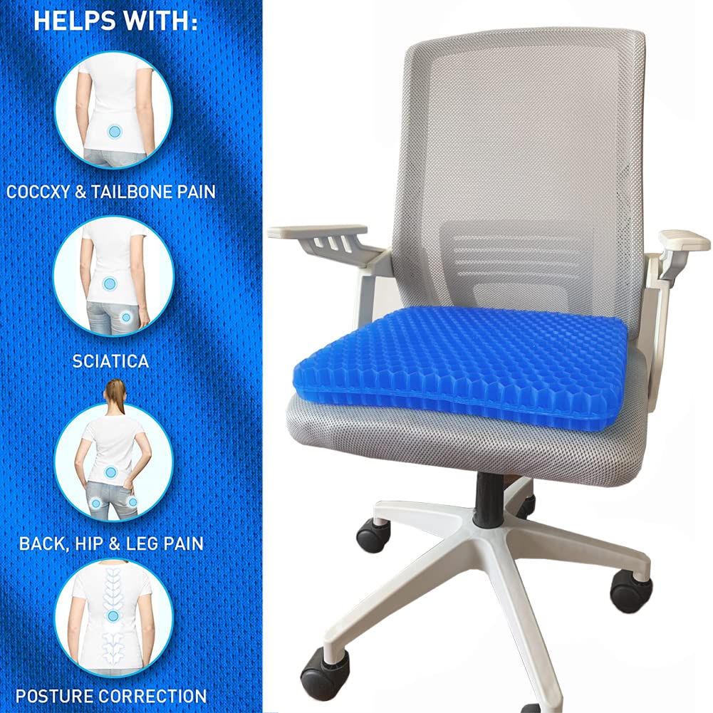Gel Seat Cushion, Office Seat Cushion Chair Pads for Office Home Car Wheelchair Long Trips - Extra Thick Gel Cushion for Pressure Sores, Tailbone, Back, Sciatica Pain Relief (Extra Thick, Blue)