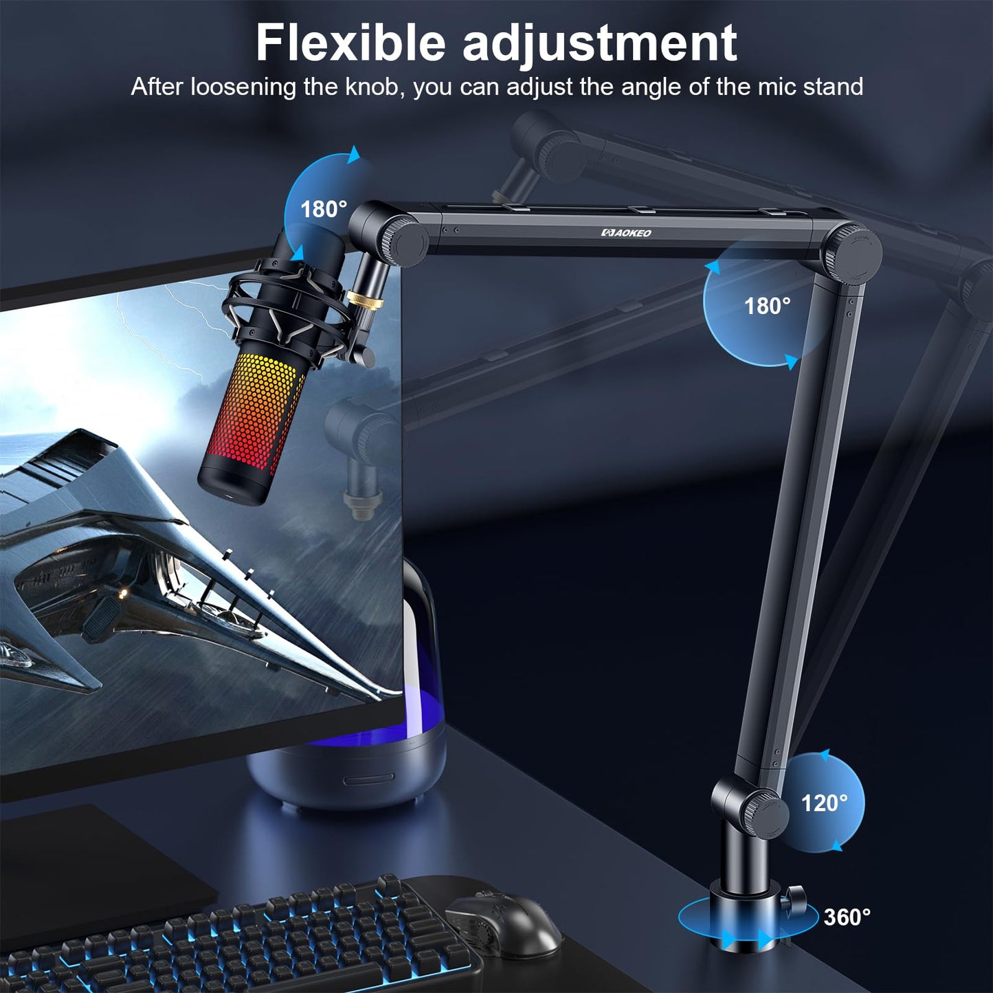 Aokeo Mic Arm, Boom Arm Microphone Stand Desk with Mount Clamp Cable Management Channels Detachable Riser 5/8" Thread Adapter for Blue Yeti Snowball Hyper X QuadCast SoloCast AT2020 Shure SM7B MV7