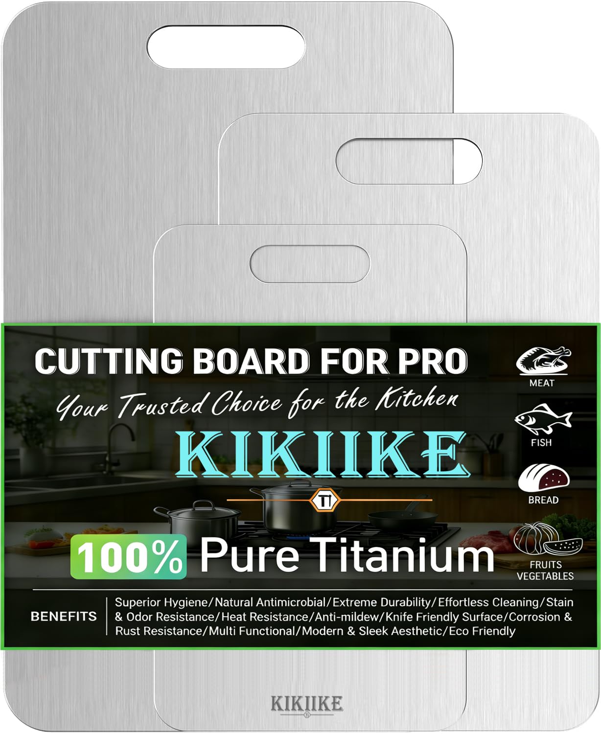 Titanium Cutting Board 3-Piece Set Pure Titanium Cutting Boards for Kitchen - Double-Sided Food-Grade Chopping Board Non-Stick Durable and Easy to Clean (M/L/XL 3-Piece Set)