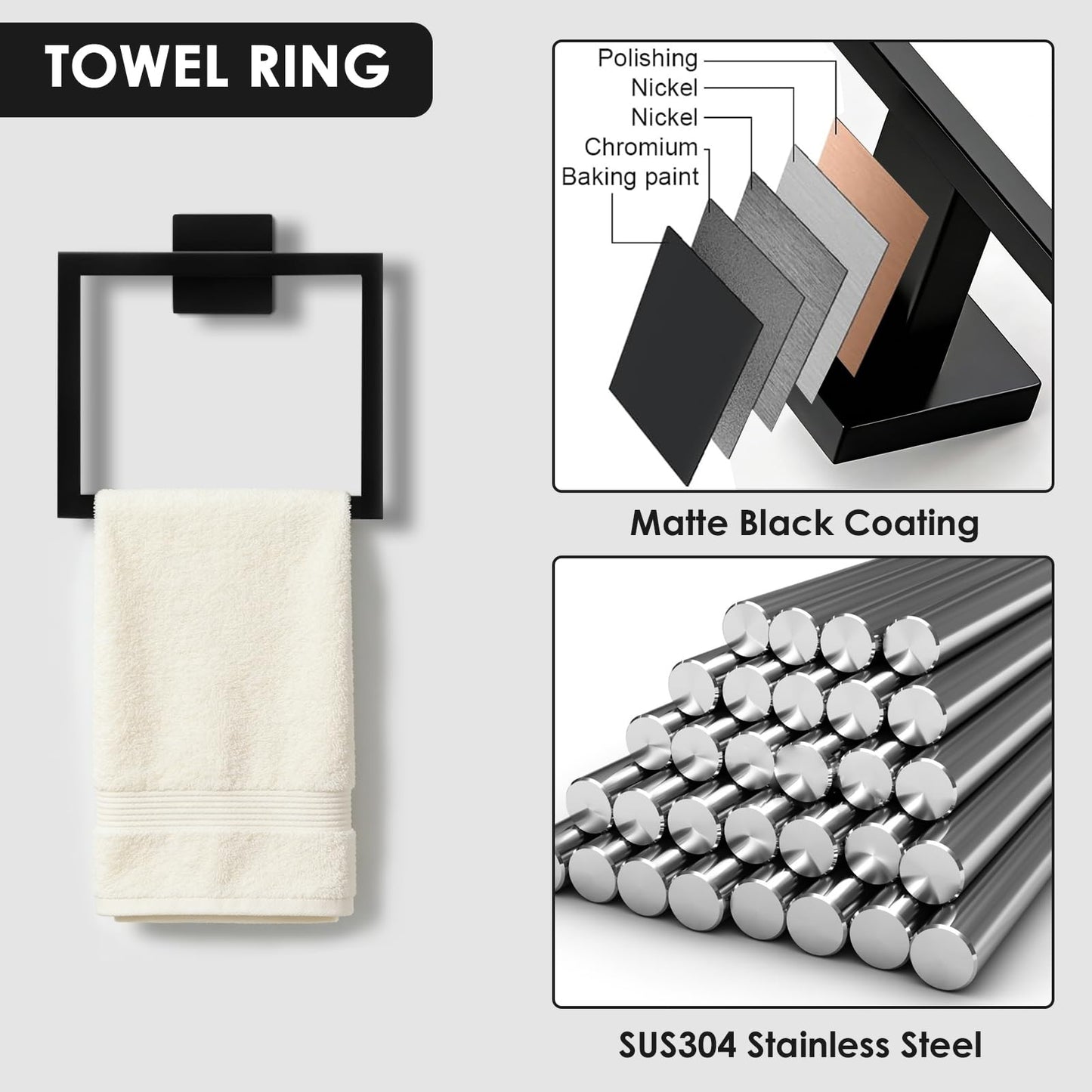Bathroom Accessories Set,5-Piece Bathroom Towel Holder, Includes 16Inch Towel Bar Set, SUS304 Stainless Steel Toilet Paper Roll Holder,Matte Black Square Towel Ring, 2 Towel Hooks for Bathroom,Kitchen