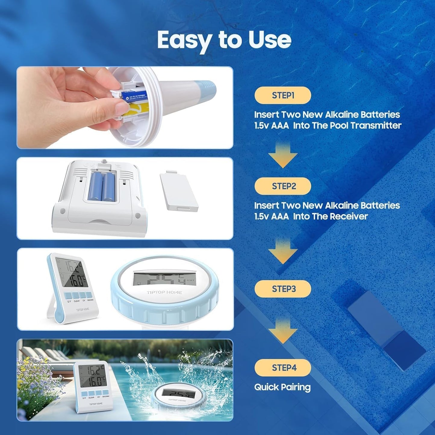 Pool Thermometer,Wireless Floating Pool Thermometer Easy Read,Outdoor Digital Thermometers with Indoor Temperature Monitor,IPX7 Waterproof and High Accuracy for Swimming Pool,Bath Water (Blue)
