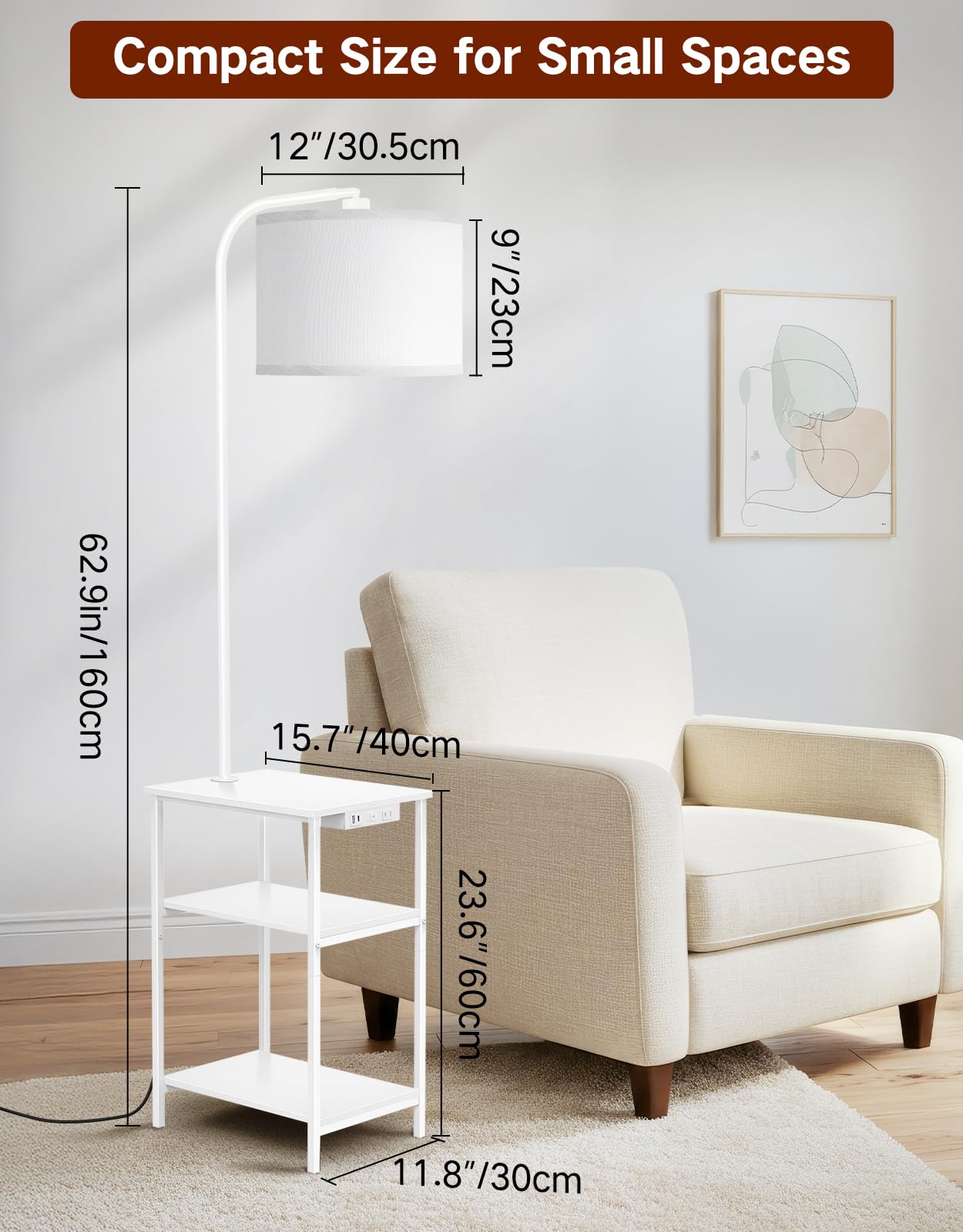 OUTONLIFE Floor Lamp with Table & Remote, Side Table with Charging Station, Dimmable Nightstand with 3 Color Temperatures, Open Shelves, 12W LED Bulb, End Table for Living Room, Bedroom, Office(White)