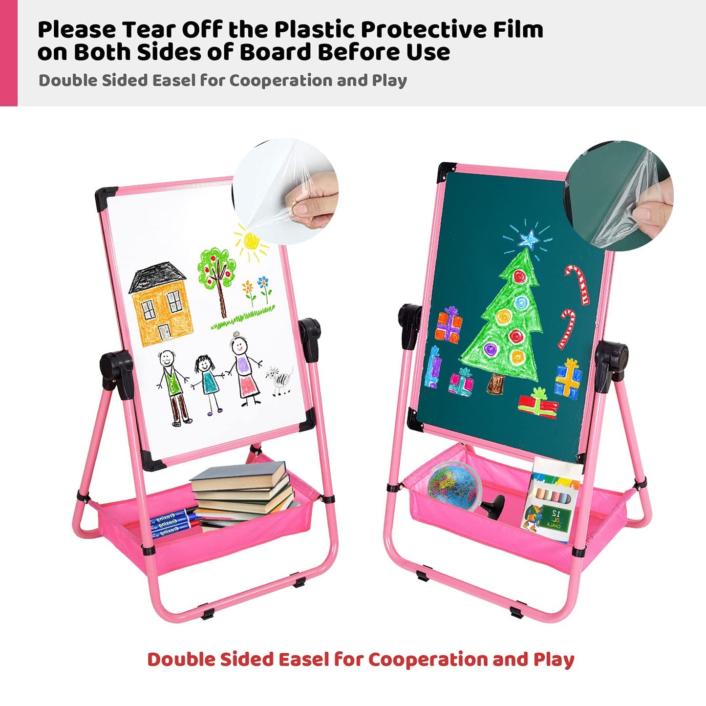Kids Art Easel Double Sided Whiteboard &Chalkboard Height Adjustable U-Stand 360° Rotating Design (Pink)