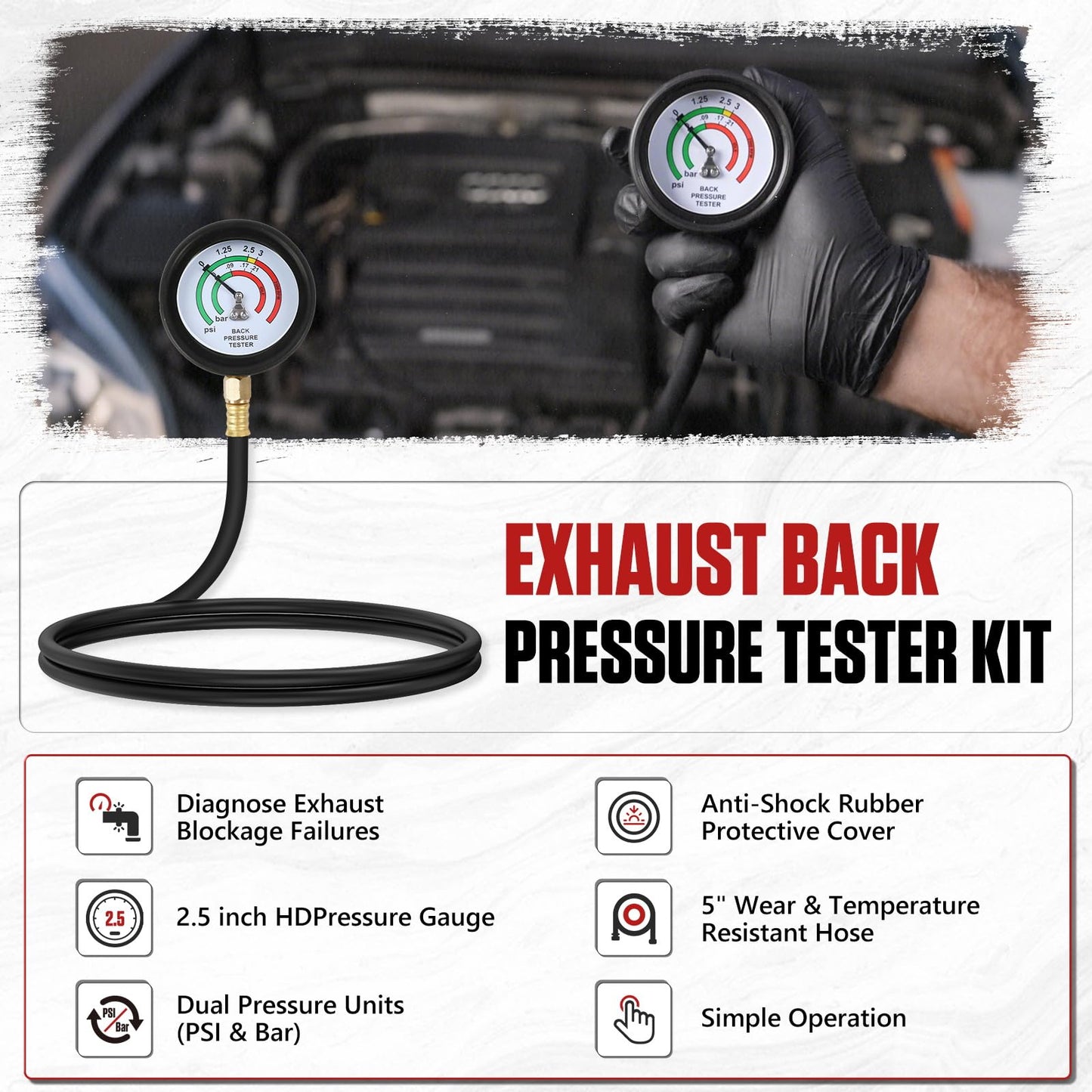 Exhaust Back Pressure Tester Kit，Professional Automotive Exhaust Back Pressure Gauge Set with 5-Foot Hose