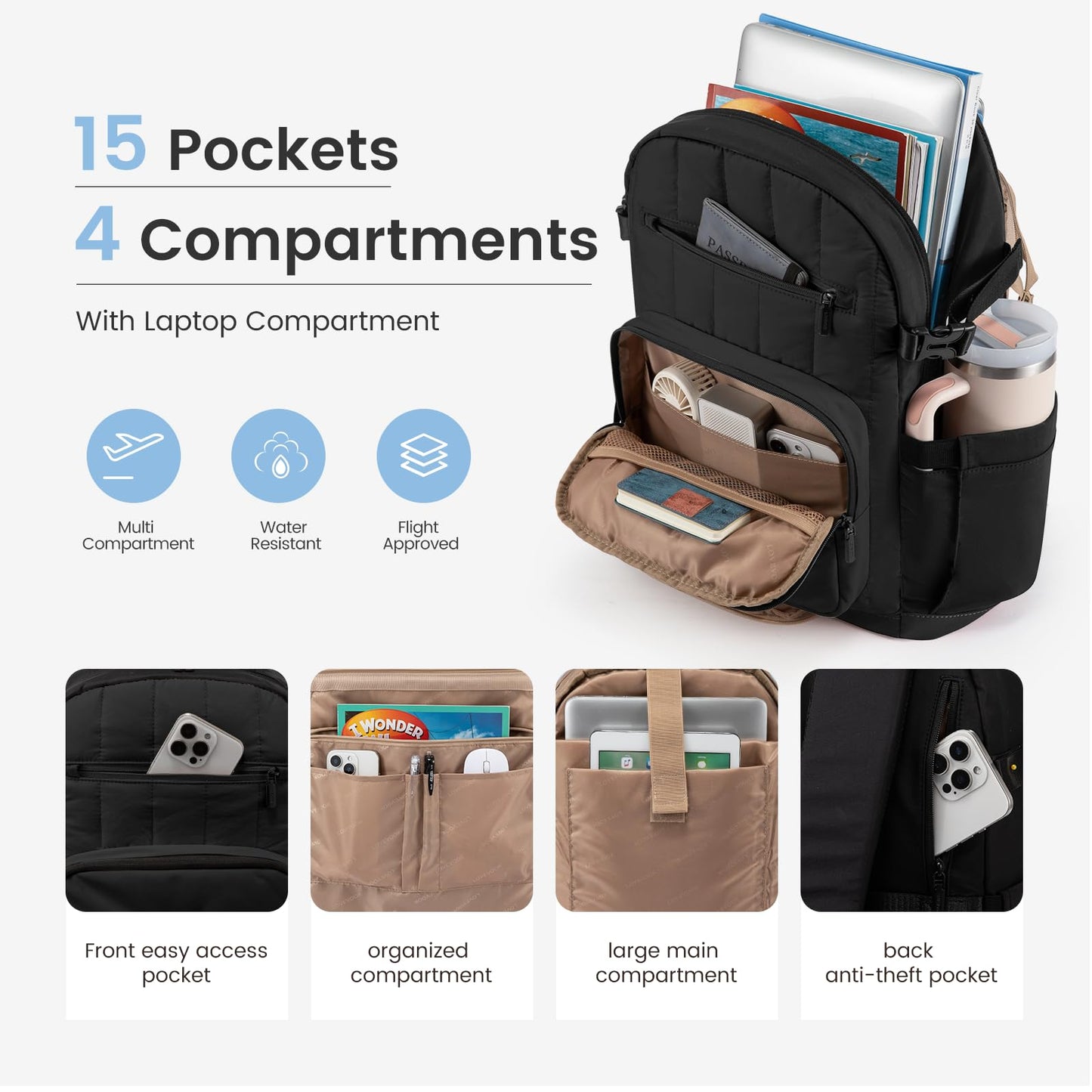 LOVEVOOK Laptop Backpack for Women with Pouch Pocket for Large Capacity Cup,15.6 Inch Lightweight Puffer Computer Laptop Bag,Quilted Womens Work Travel College Teacher Backpack Purse Daypack,Black