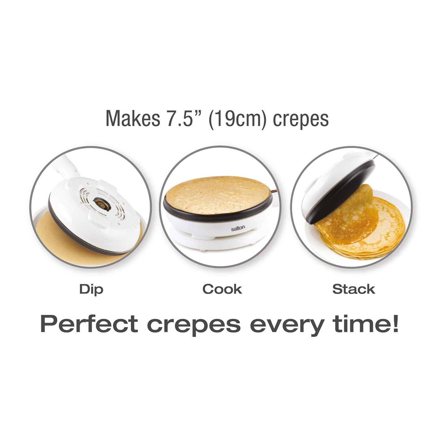 Salton Cordless Crepe & Tortilla Maker | Bonus Batter Dish & Spatula | Non-Stick Surface | Automatic Temperature Control | Makes 7.5” Crepes & Tortillas | 800W | White | 100% Canadian-owned & operated