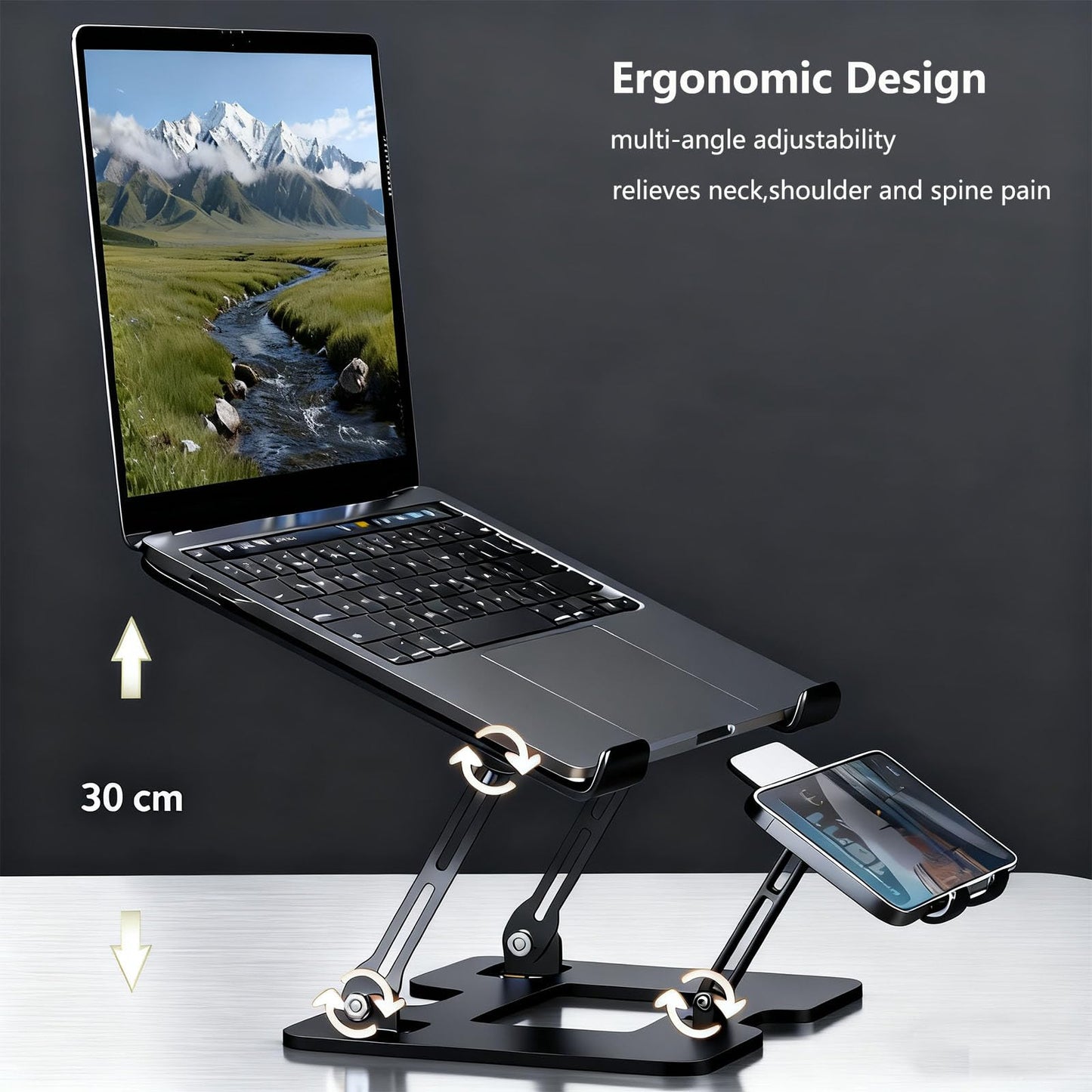 Ergonomic 2-in-1 Laptop Cooling Stand with Phone Holder, Portable Laptop Riser, Laptop Stand for Desk Foldable, Computer Notebook Stand Holder, Fits All Laptops up to 10-16''