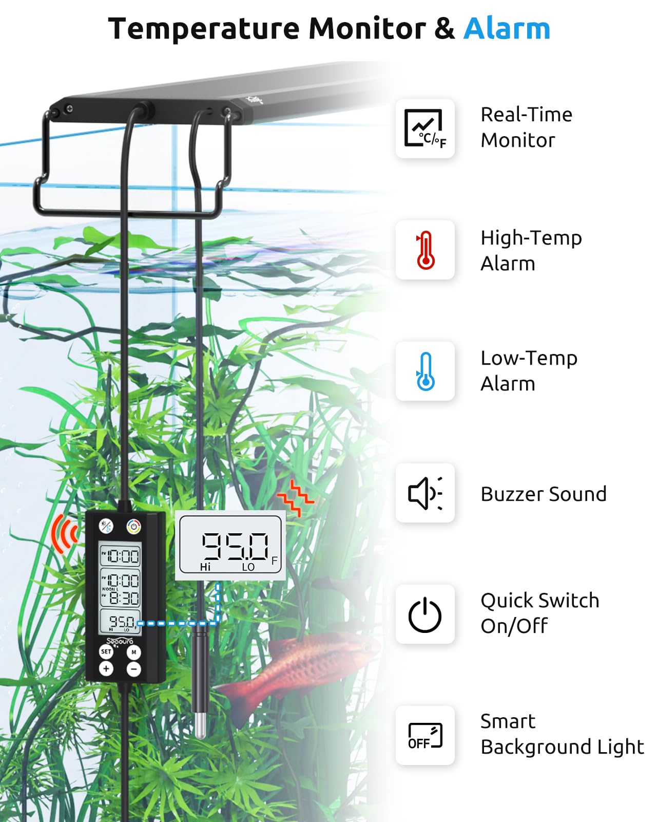 SEAOURA Aquarium Plant Light with Temperature Detector, 45-60cm Full Spectrum Fish Tank Lights, 24/7 Programmable with Power Off Memory, WRGB Custom, 20 Level Dimmable for Freshwater Aquariums