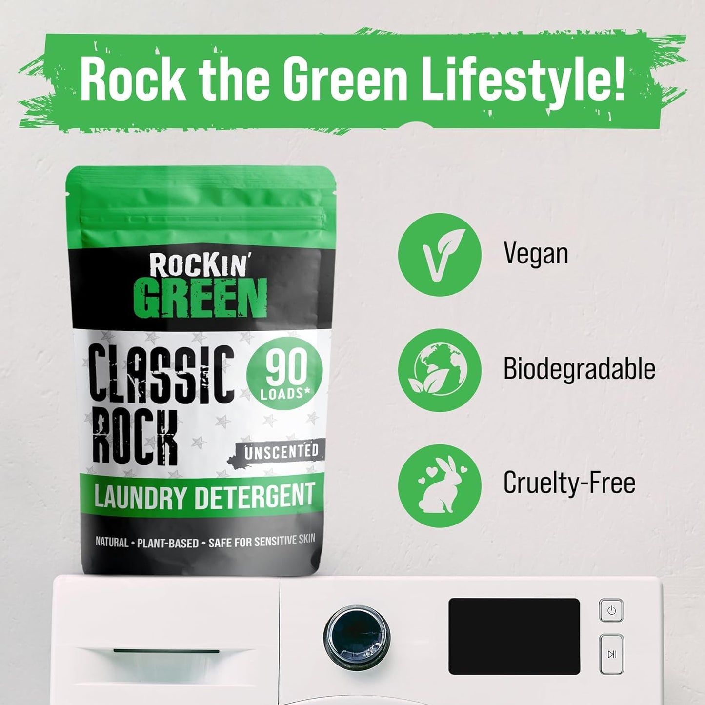 Rockin’ Green Classic Rock Laundry Detergent - Unscented Laundry Detergent Powder and Odor Eliminator for Soft Water - Everyday Clothes, Towels, Linens - Safe for Sensitive Skin - 90 Loads