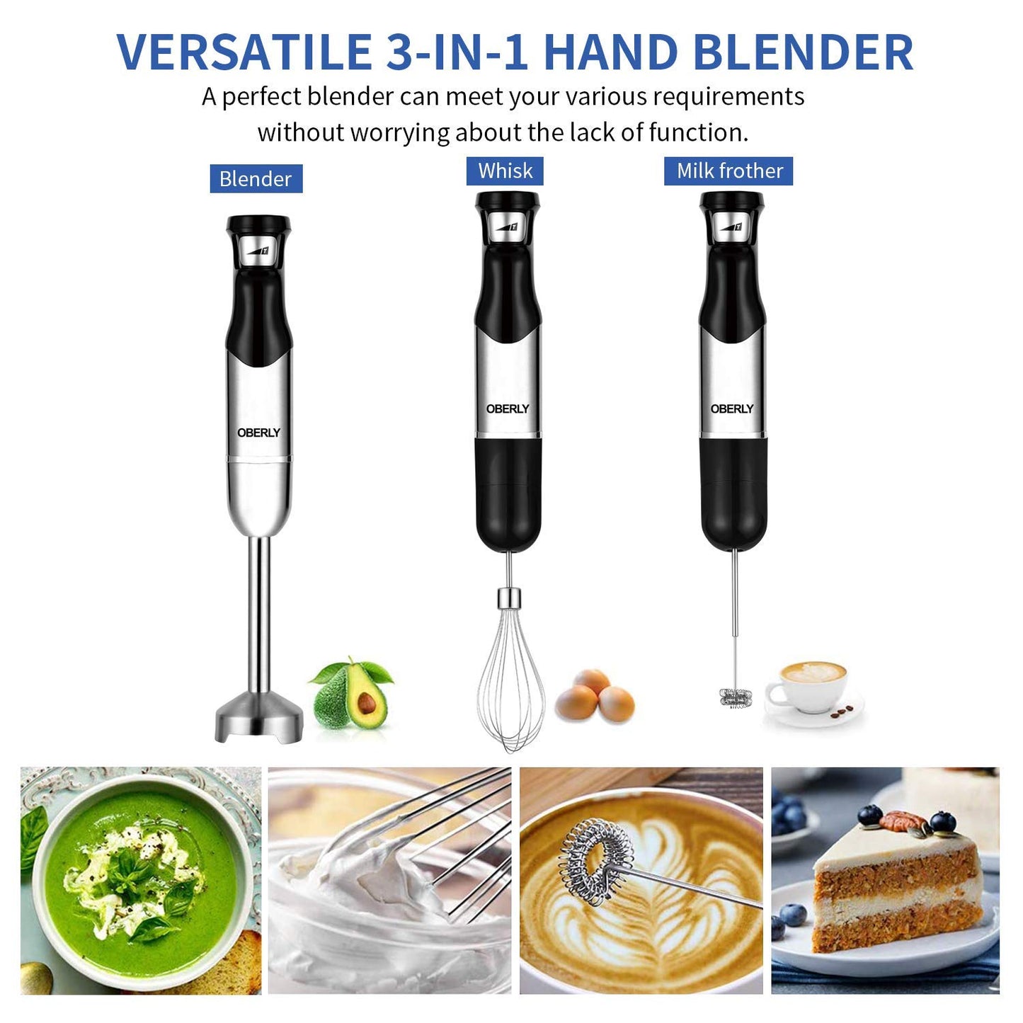 Immersion Hand Blender Electric, OBERLY 500W Heavy Duty 3-in-1 Handheld Stick Mixer, Smart Stepless, Stainless Steel Blade with Milk Frother, Egg Whisk for Coffee Foam, Smoothies and Puree
