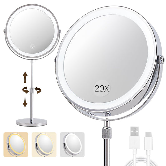 1X/20X Magnifying Makeup Mirror with Lights - 9" Large Dual-Sided Vanity Mirror with 3 Color Lights for Women's Travel Cosmetic Mirror | 3000 mAh-USB Rechargeable | 360° Rotation | Adjustable Height
