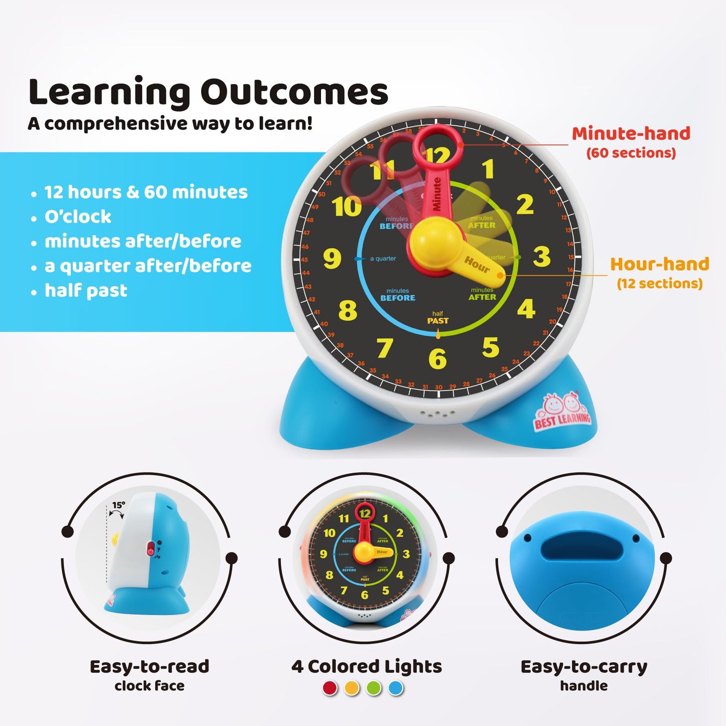 BEST LEARNING Learning Clock - Educational Talking Learn to Tell Time Light-Up Toy with Quiz and Sleep Mode Lullaby Music for Toddlers & Kids Ages 3 to 6 Years Old