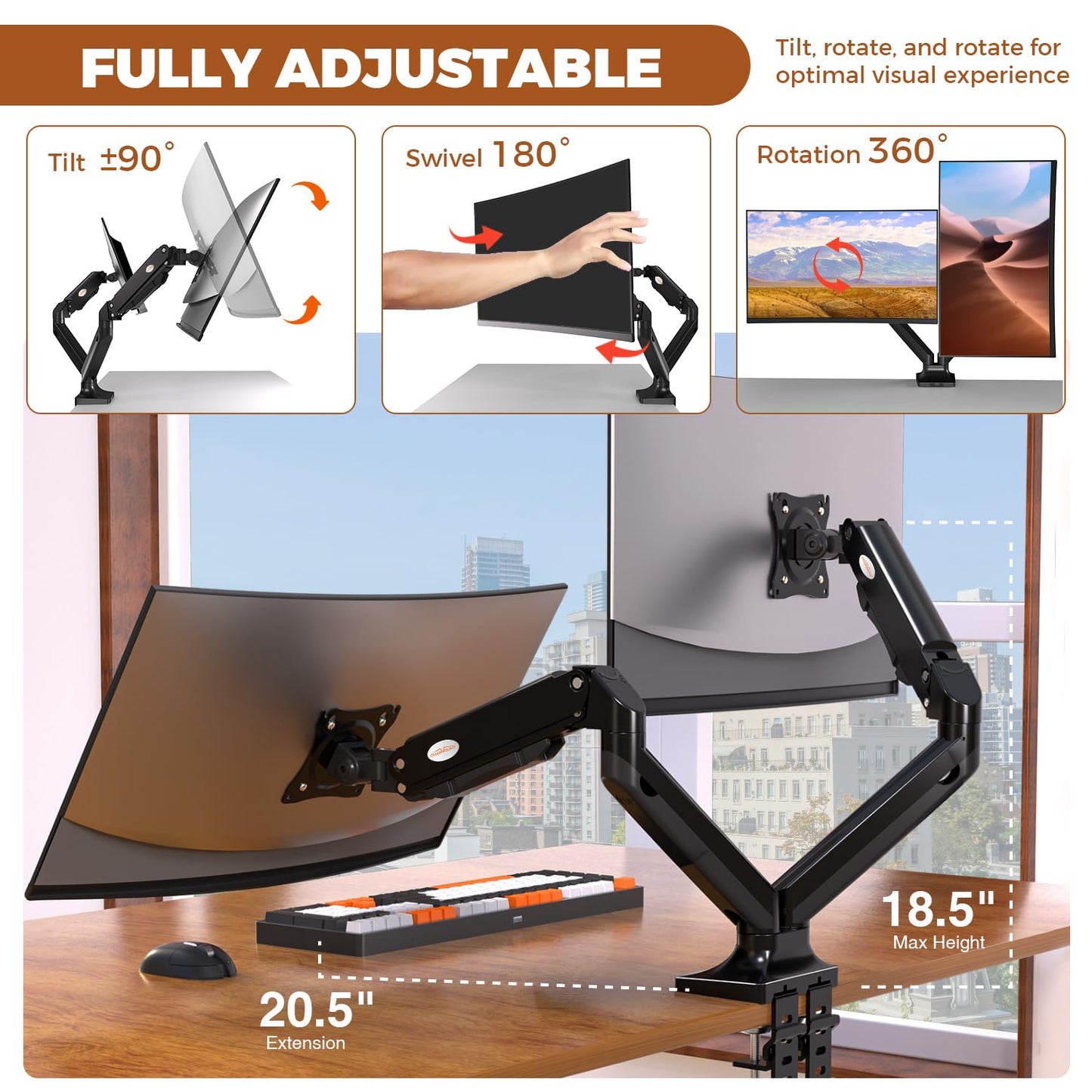 Charmount Dual Monitor Stand and Mount, Dual Monitor Arm for Screens Up to 32 Inch,Double Monitor Desk Mount,Vesa Mount 75x75mm to 100x100mm,Max Load 22lbs
