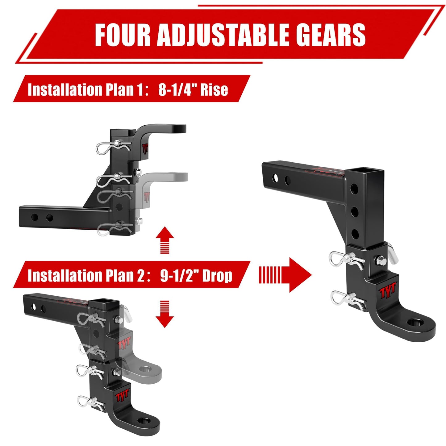 TYT Adjustable Trailer Hitch Ball Mount, 6-Position Tow Hitch, Fits 2-Inch Receiver, with 1" Hitch Ball Hole, 9-1/2" Drop & 8-1/4" Rise Drop Hitch, 7500 lbs
