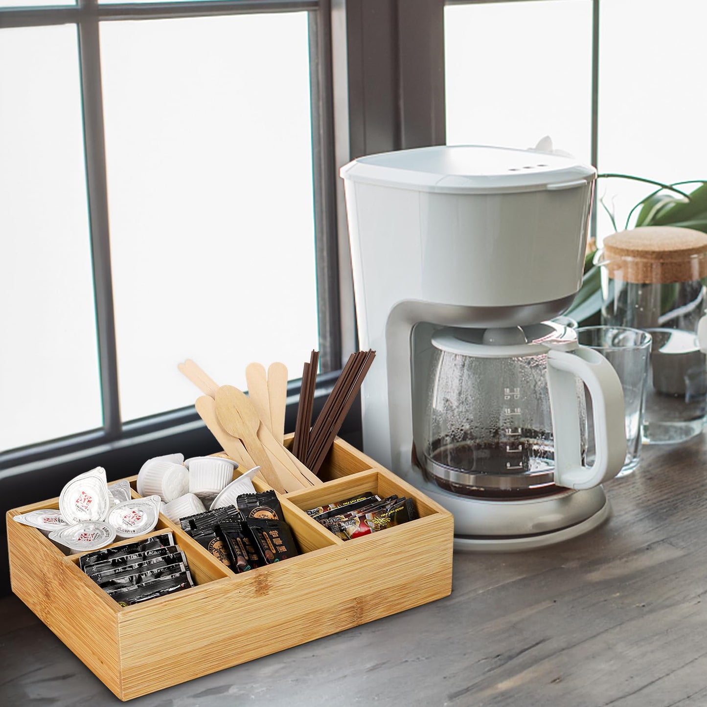 Dicunoy 2 Pack Bamboo Tea Bag Organizer, Wood Tea Drawer Box Storage Holder With 6 Compartments, Chest Box for Coffee Station, Sugar Packet, Sweeteners, Small Packets