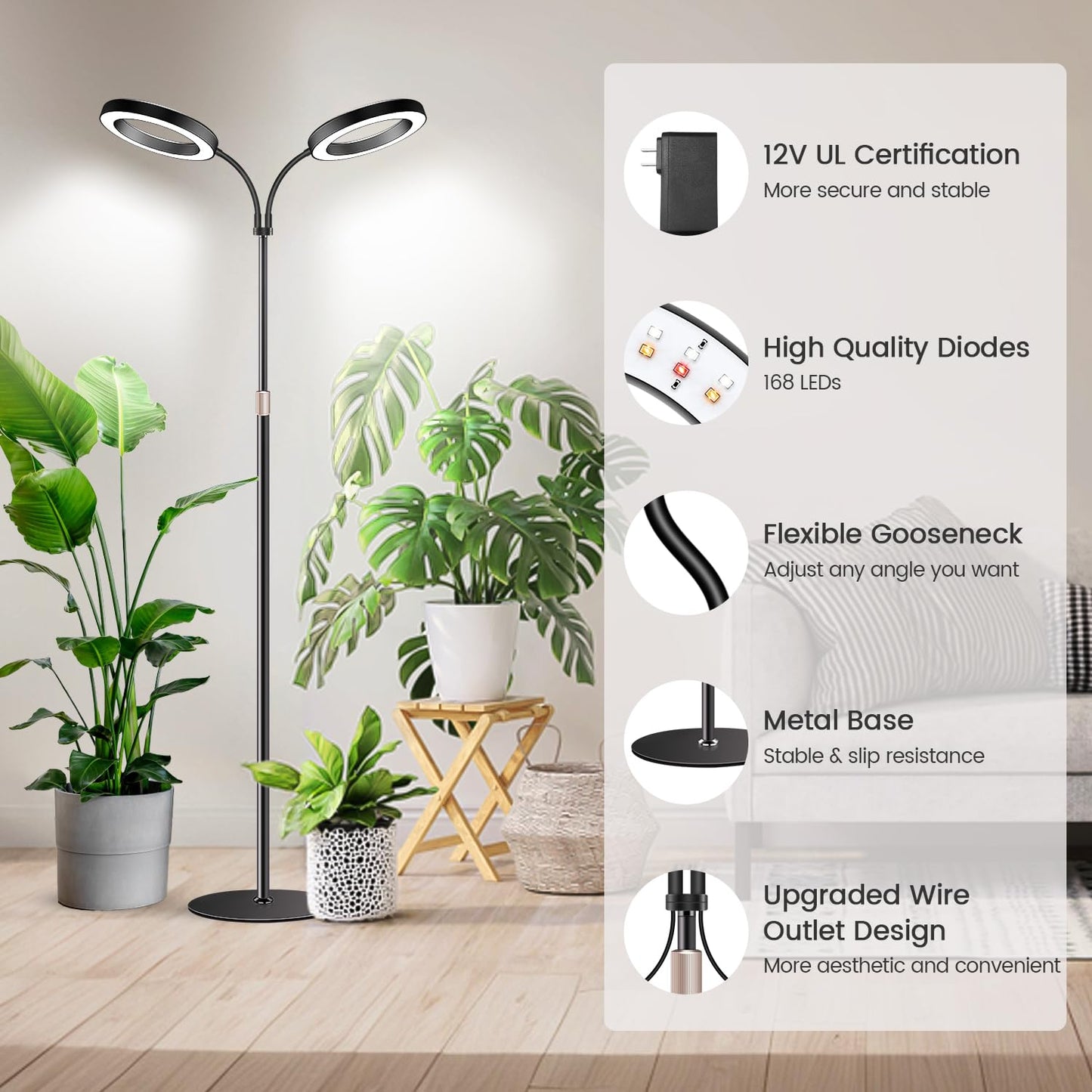 Garpsen Halo Grow Lights, Dual-Head Full Spectrum LED Plant Lights for Indoor Growing with Stand, 3 Color Modes Grow Lamp with Timer 6/12/16H, 5 Dimmable Levels, 164 LEDs and 67''Height Adjustable