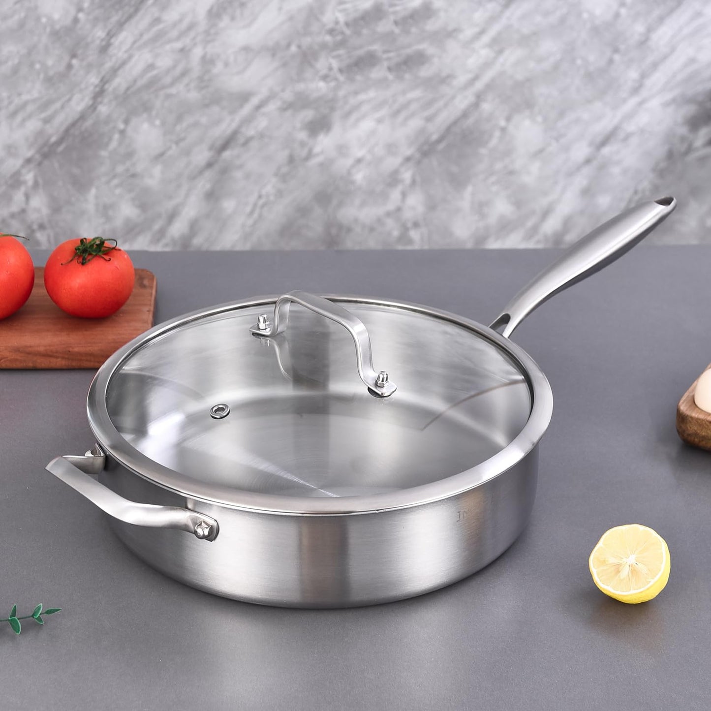 Inqibee Tri-Ply 5.5 Quarts Stainless Steel Sauté Pan with Lid,12 Inch Induction Deep Frying Pan,Large Skillet,Jumbo Cooker,Dishwasher and Oven Safe,Detachable Handle.