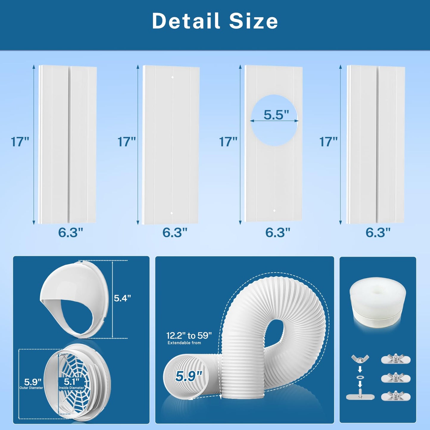 Portable AC Window Vent Kit with 5.9" Exhaust Hose & Coupler, Insputer Universal Adjustable Air Conditioner Window Seal Kit for Sliding Vertical/Horizontal Windows (4 Pcs)